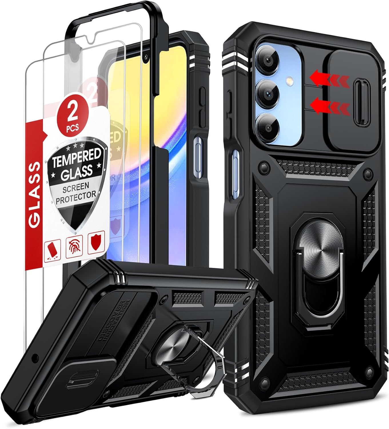 LeYi Compatible for Samsung Galaxy A15-5G Phone Case: Galaxy A15 5G Screen Protector Scratch Resistant [2 Packs] with A15 Case, Heavy Duty Shockproof para Basic Android Galaxy Phone Case A 15, Black