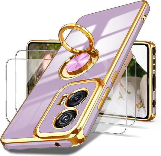 Dretal for Moto G Stylus 5G 2024 Case, 2X Screen Protector, 360° Rotatable Ring Holder Magnetic Kickstand,Plated Gold Edge Slim Soft TPU Protective Cover for Motorola G Stylus 5G (Purple)