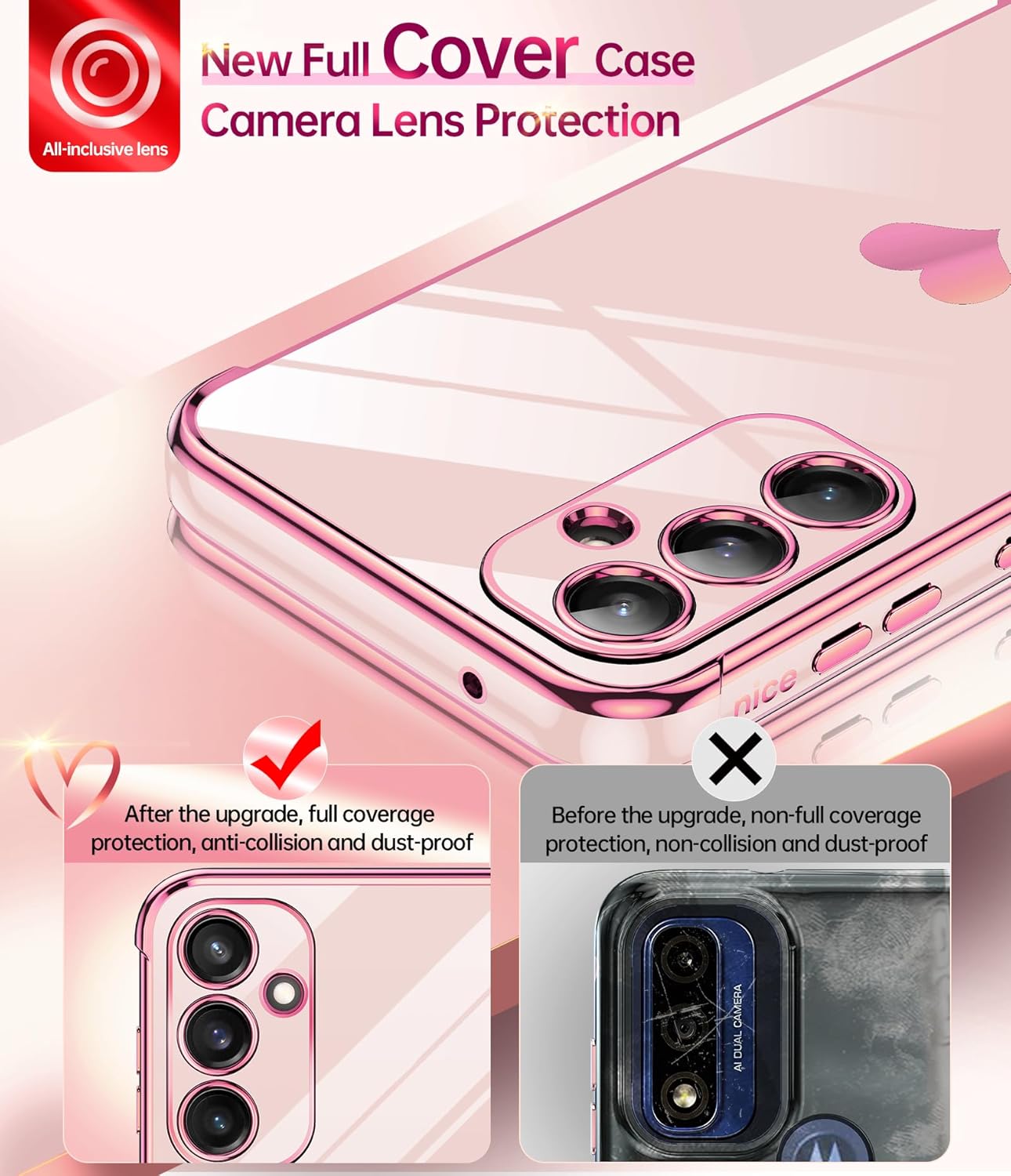 LeYi for Galaxy S23 FE Case: with Tempered Glass Screen Protector [2 Pcs]+ Full Camera Lens Protection, Love Heart Plating Women Cute Luxury Soft TPU Shockproof Case for Samsung S23FE 5G, Pink