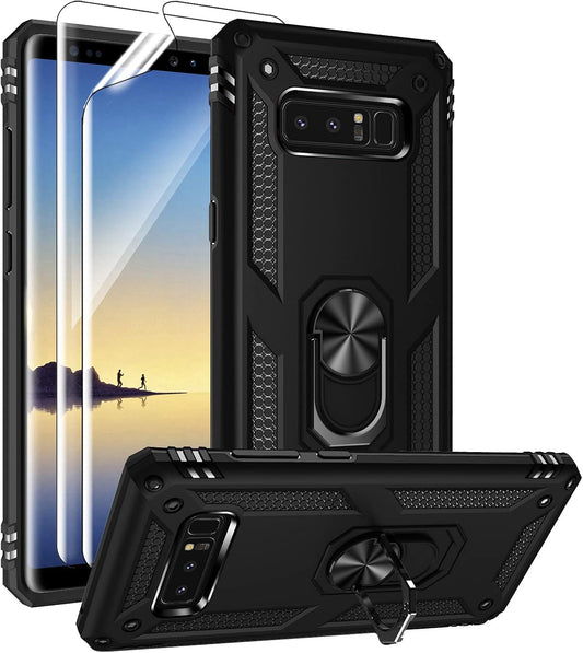 Androgate for Samsung Galaxy Note 8 Case with 3D PET Screen Protectors, Military-Grade Metal Ring Holder Kickstand 15ft Drop Tested Shockproof Cover Case for Samsung Galaxy Note 8 Black