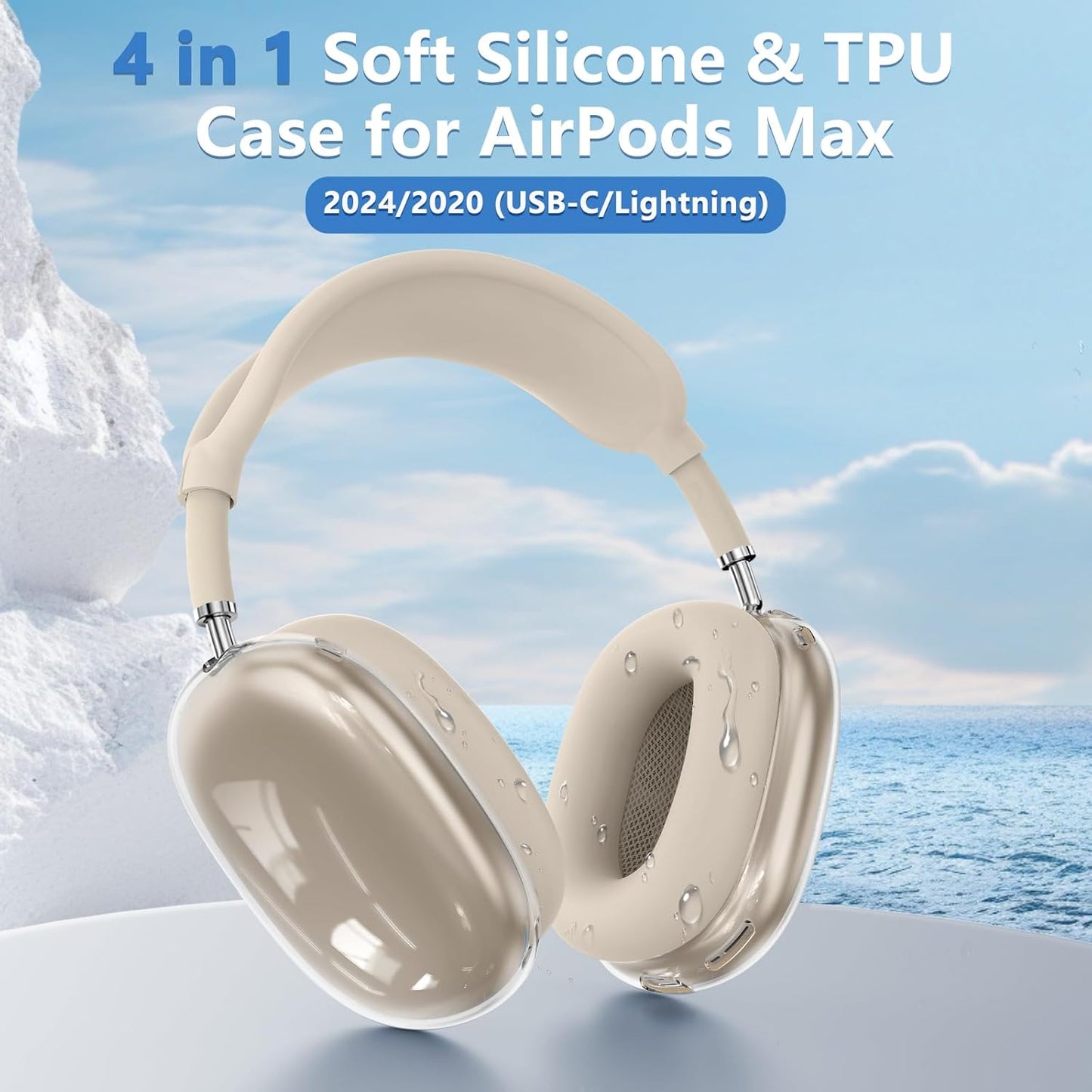 for AirPods Max Case Cover, Clear TPU Ear Cups Cover/Silicone Ear Pad Case Cover/Silicone Headband Cover Transparent Accessories for Apple AirPods Max Headphones USB-C (2024/2020), Stone [4 in 1]