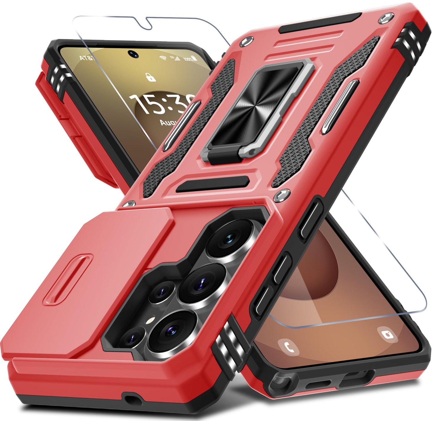 DEERLAMN Case for Samsung Galaxy A17 5G with Slide Camera Cover+Screen Protector (1 Pack), Rotated Ring Kickstand Military Grade Shockproof Protective Cover-Navy Blue
