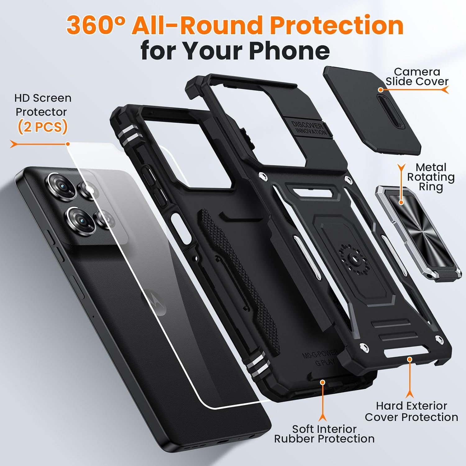 for Moto G Power 2025 Case/Moto G Power 2026 Case with 2 PCS HD Screen Protector, Slide Camera Cover Military Grade Drop Protection 360° Ring Holder Kickstand, Heavy Duty Shockproof, Black