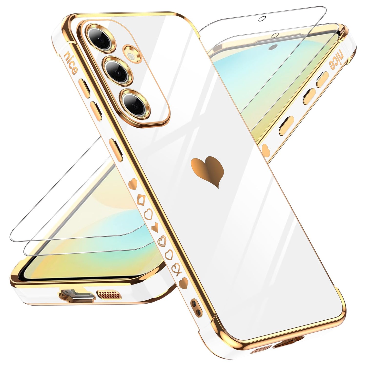 LeYi for Galaxy S23 FE Case: with Tempered Glass Screen Protector [2 Pcs]+ Full Camera Lens Protection, Love Heart Plating Women Cute Luxury Soft TPU Shockproof Case for Samsung S23FE 5G, Pink
