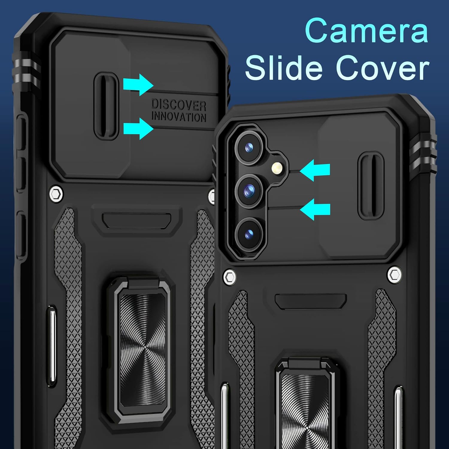 DEERLAMN Case for Samsung Galaxy S23 FE 6.4-Inch with Slide Camera Cover+Screen Protector(1 Pack),Rotated Ring Kickstand Military Grade Shockproof Protective Cover-Black