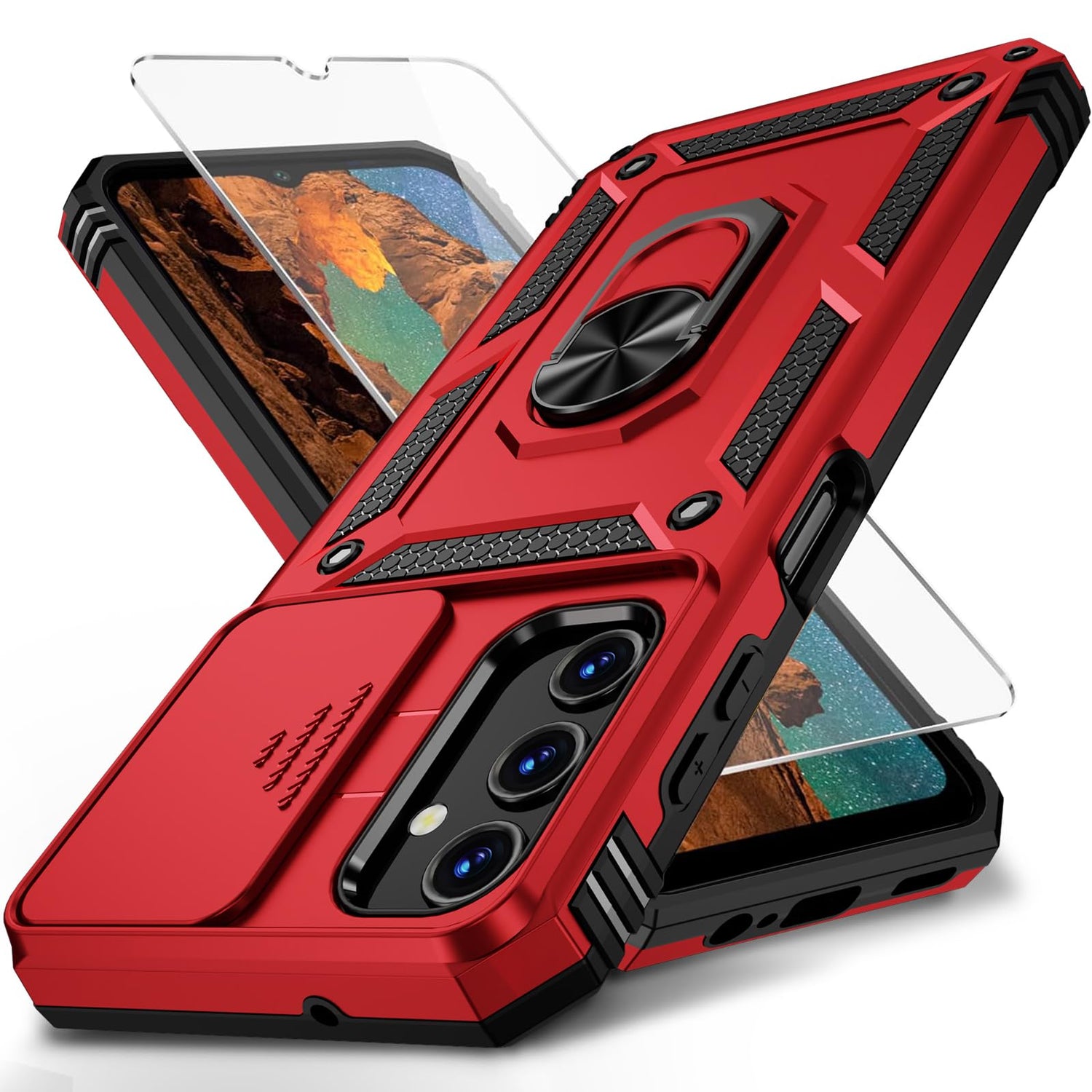 for Samsung Galaxy A25 5G Case with Camera Lens Cover, HD Screen Protector, 10 FT Military Grade Drop Protection, Magnetic Ring Holder Kickstand Protective Phone Case for Galaxy A25 5G,Black