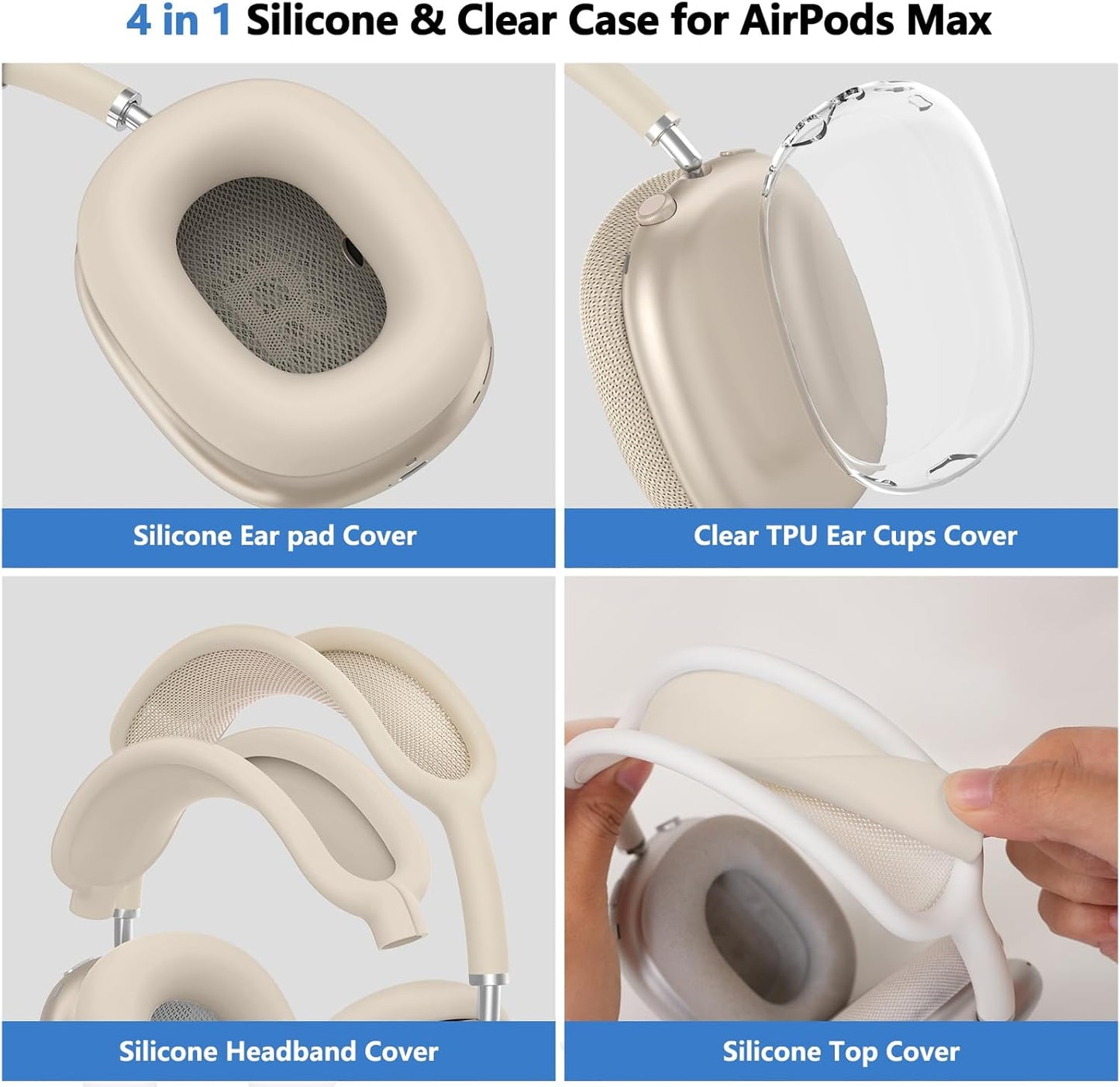 for AirPods Max Case Cover, Clear TPU Ear Cups Cover/Silicone Ear Pad Case Cover/Silicone Headband Cover Transparent Accessories for Apple AirPods Max Headphones USB-C (2024/2020), Stone [4 in 1]