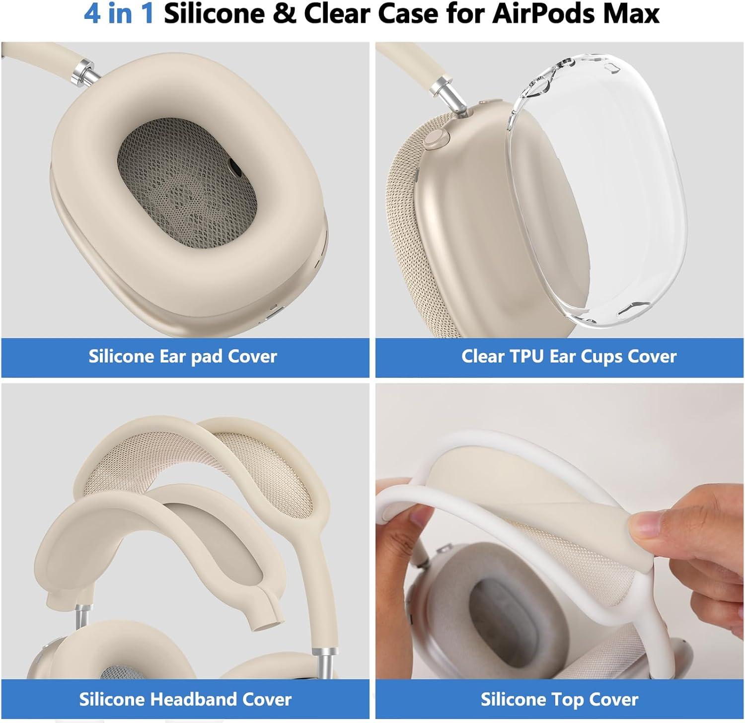 for AirPods Max Case Cover, Clear TPU Ear Cups Cover/Silicone Ear Pad Case Cover/Silicone Headband Cover Transparent Accessories for Apple AirPods Max Headphones USB-C (2024/2020), Stone [4 in 1]