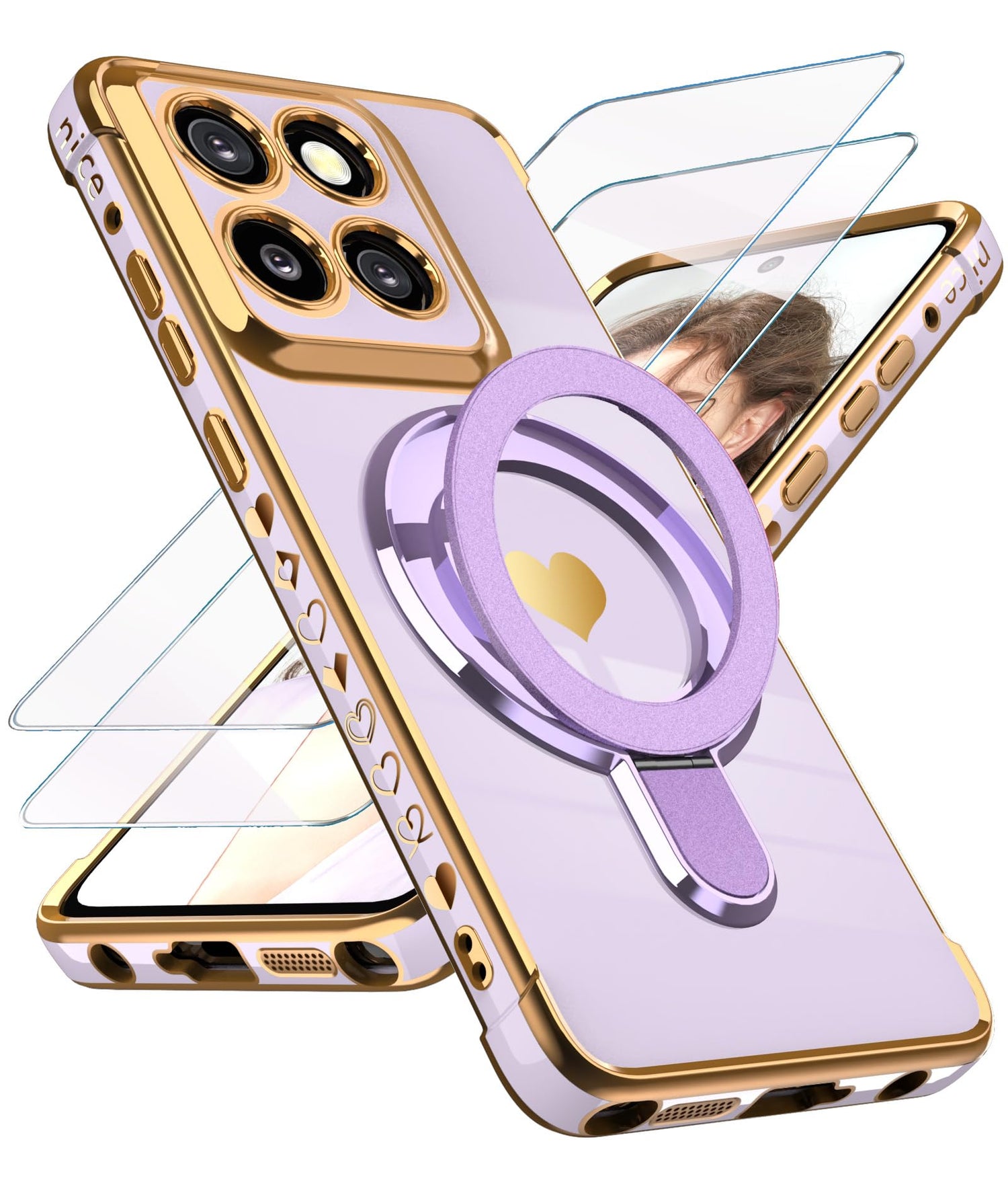 for Motorola Moto G Stylus 5G 2025/2026 Phone Case with Screen Protector,Cute Love Heart,Ring Metal Kickstand,Plated Gold Edge Soft TPU Protection Cover for Moto G Stylus 2025/2026 (Pink)
