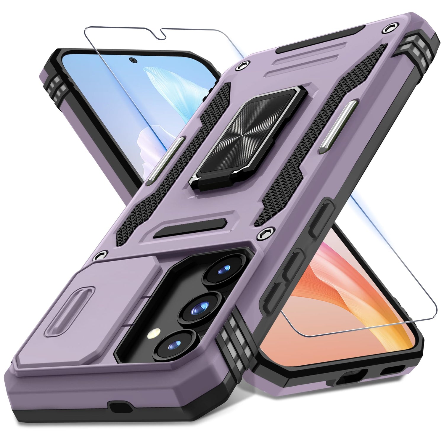 DEERLAMN Case for Samsung Galaxy S24 6.2-Inch with Slide Camera Cover+Screen Protector(1 Pack), Rotated Ring Kickstand Military Grade Shockproof Protective Cover-Black
