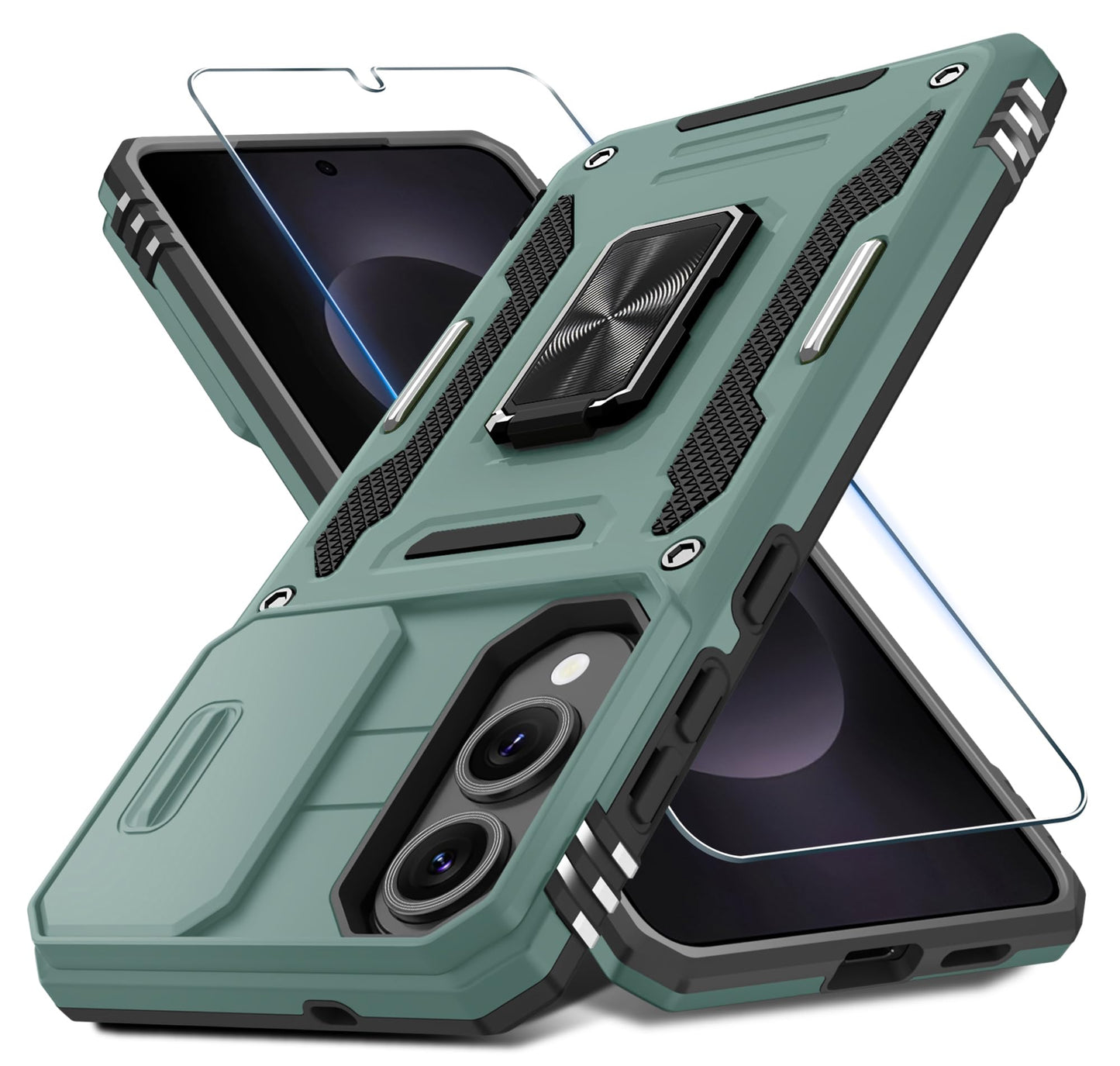 DEERLAMN Case for Samsung Galaxy A17 5G with Slide Camera Cover+Screen Protector (1 Pack), Rotated Ring Kickstand Military Grade Shockproof Protective Cover-Navy Blue