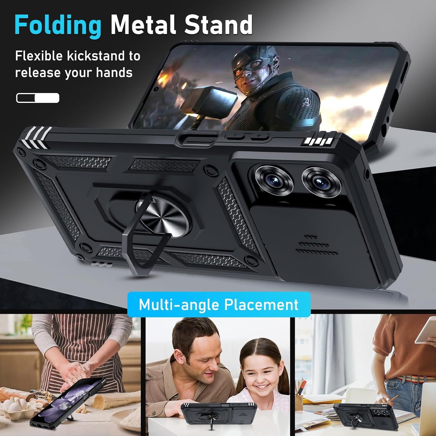 Janmitta for Moto G 2026/2025 Case,Moto G Play 2026 Case Built in Slide Camera Lens Cover+Screen Protector+Finger Ring Holder Kickstand,Heavy Duty Shockproof Full Body Protective Phone Cover,Black