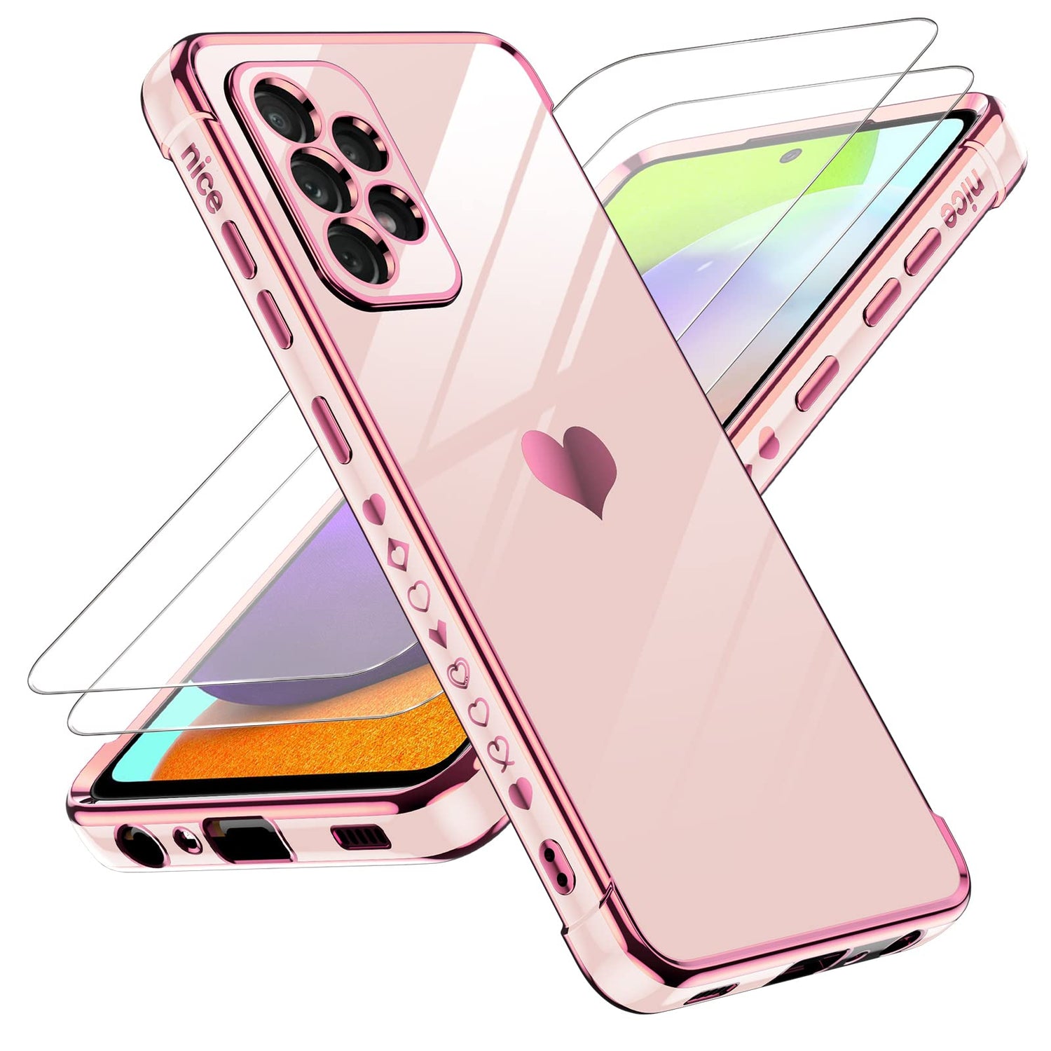 LeYi for Samsung Galaxy A25-5G Phone Case: with Tempered Glass Screen Protector [2 Pcs]+ Full Camera Lens Protection, Love Heart Plating Women Luxury Soft TPU Shockproof Case for Samsung A25 5G, Pink