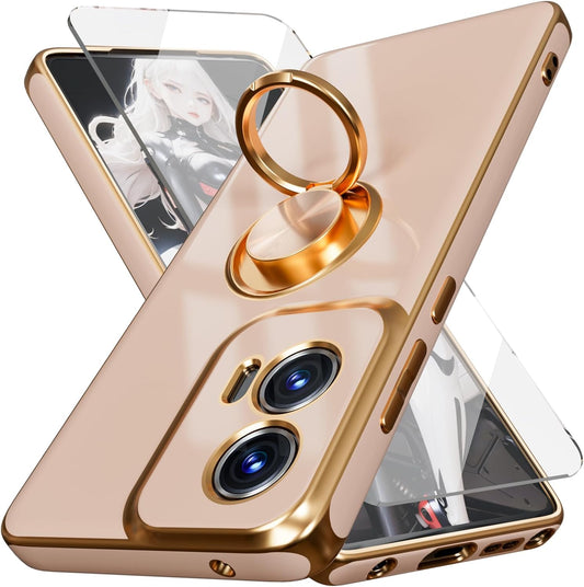 for Moto G Stylus 5G 2024 Case,with Screen Protector, Built-in 360° Rotation Ring Magnetic Kickstand, Plating Gold Edge Soft TPU Shockproof Protective Case for Moto G Stylus 5G 2024 (Pink)