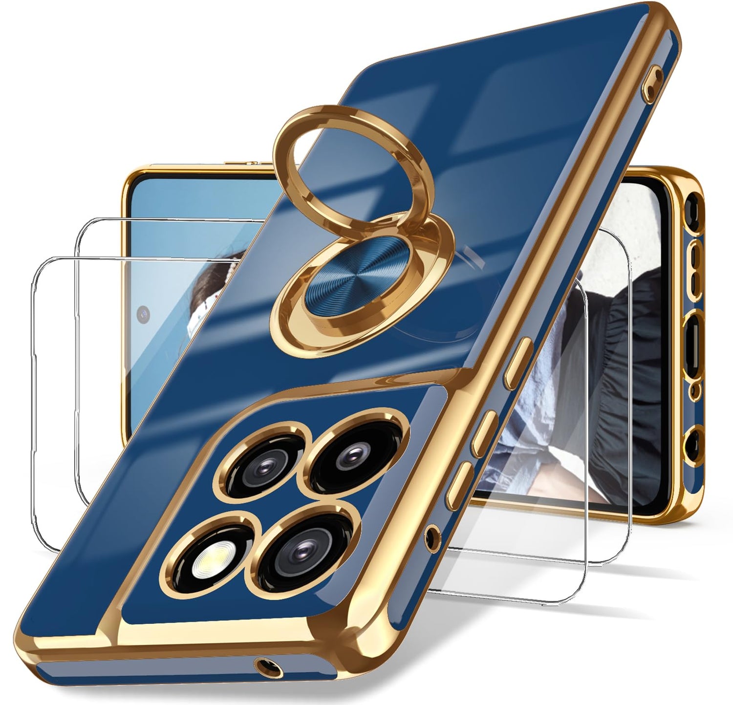 Dretal for Moto G Stylus 5G 2024 Case, 2X Screen Protector, 360° Rotatable Ring Holder Magnetic Kickstand,Plated Gold Edge Slim Soft TPU Protective Cover for Motorola G Stylus 5G (Purple)