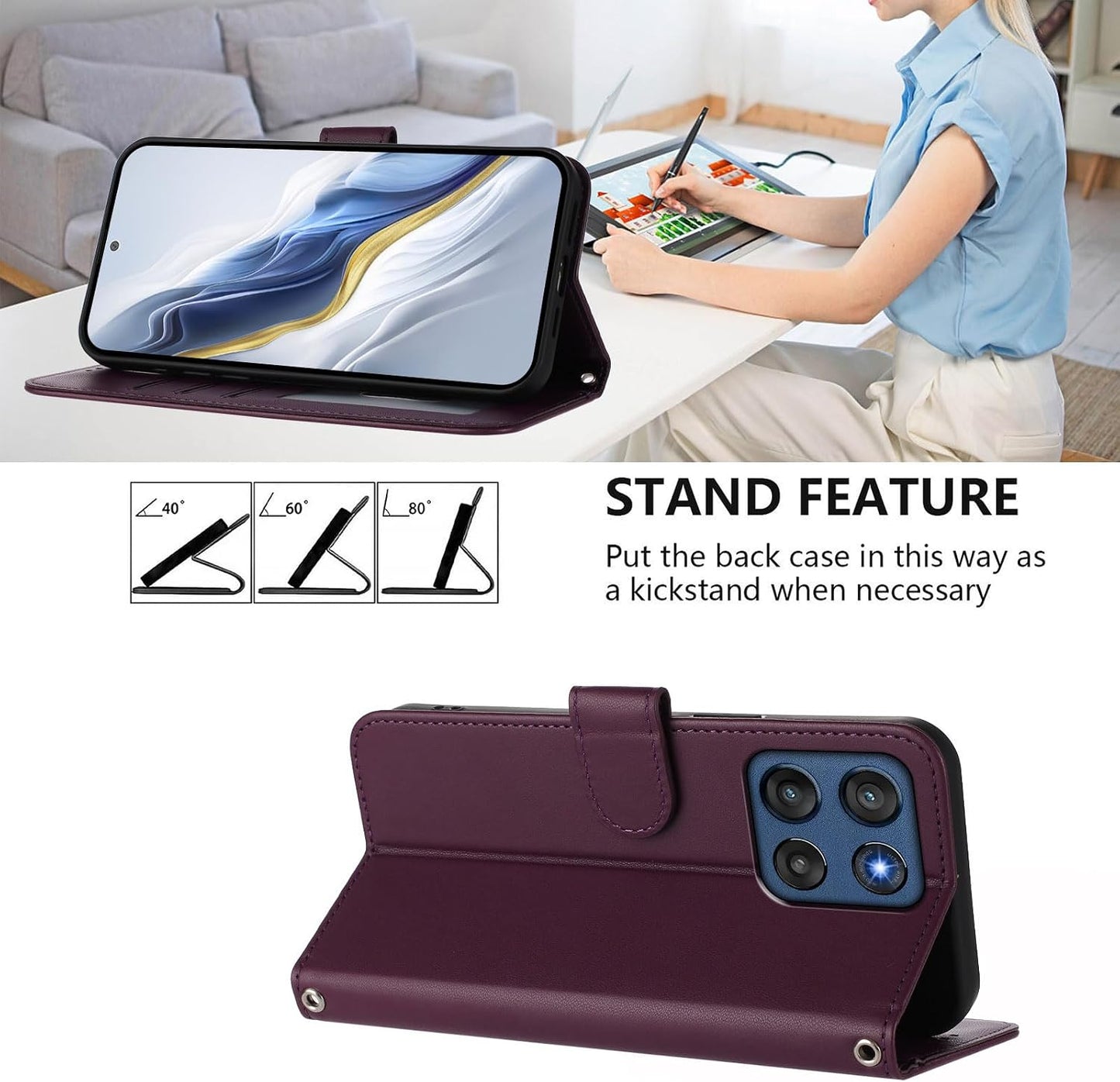 Wallet Case for Moto G Stylus 5G (2026/2025), with Card Holder | Cash Pocket | Wrist Stap | Wireless Charging | Kickstand | Magnetic Closure, Dark Purple