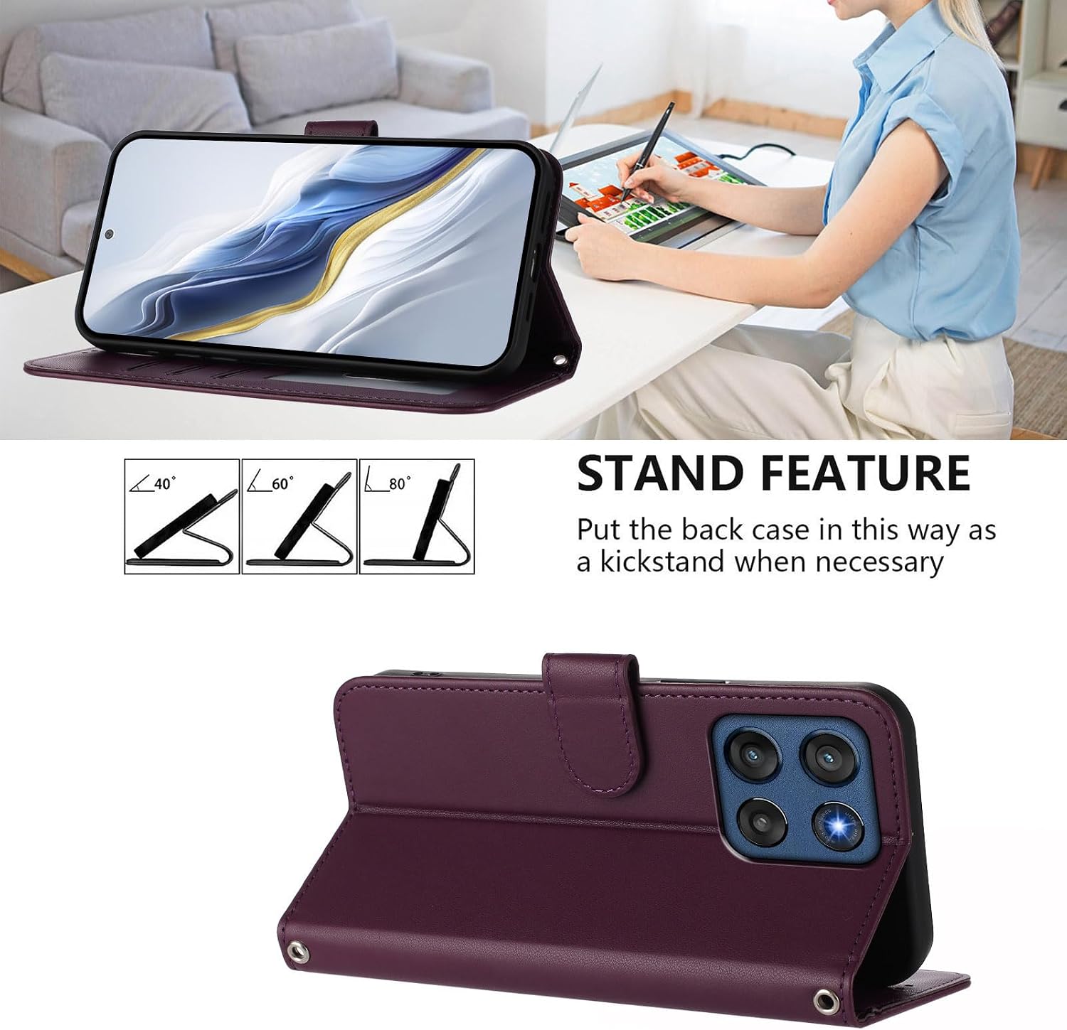 Wallet Case for Moto G Stylus 5G (2026/2025), with Card Holder | Cash Pocket | Wrist Stap | Wireless Charging | Kickstand | Magnetic Closure, Dark Purple