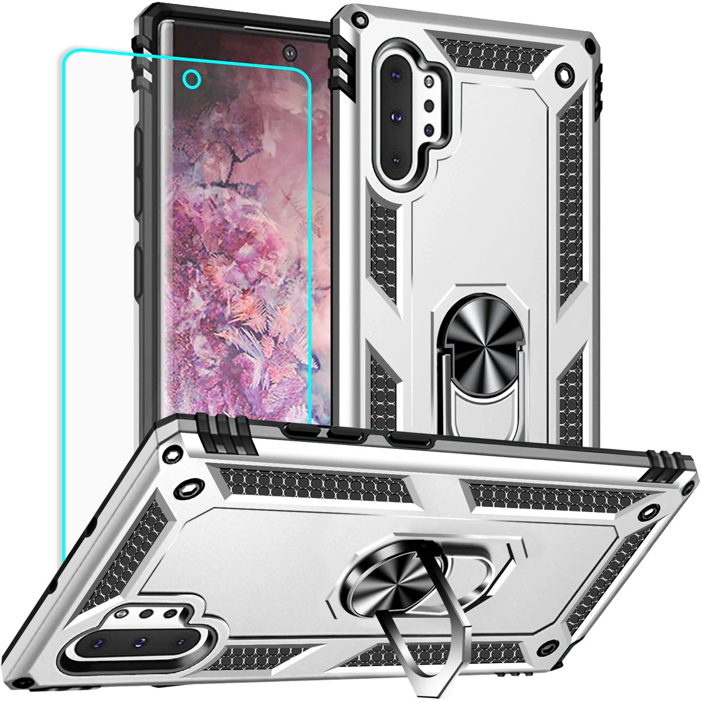 for Samsung Galaxy Note 10 Plus Case with Screen Protector:[Military Grade Drop Tested] Ring Holder Kickstand Shockproof Anti-Slip Protective Phone Case for Note 10 Plus 6.8- Red