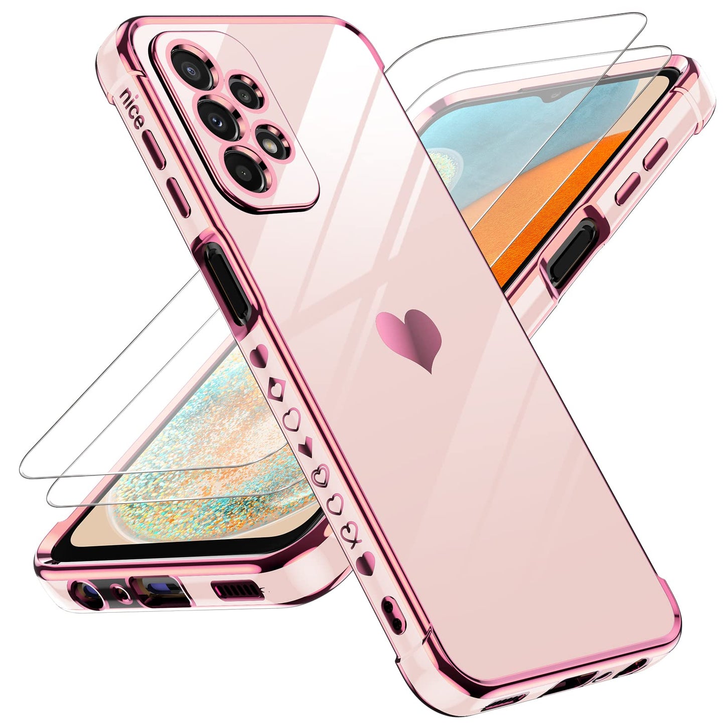 LeYi for Samsung Galaxy A25-5G Phone Case: with Tempered Glass Screen Protector [2 Pcs]+ Full Camera Lens Protection, Love Heart Plating Women Luxury Soft TPU Shockproof Case for Samsung A25 5G, Pink