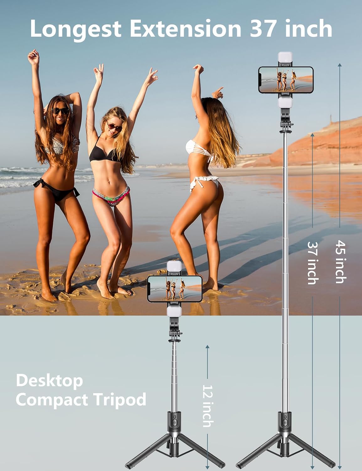 Selfie Stick Tripod with Light, 45'' Phone Tripod with Wireless Remote | Portable Travel Phone Tripod, Compatible with iPhone 16/15 Pro Max/15/14 Pro/14/13, Samsung S22/ S23 Ultra/Android Smartphone