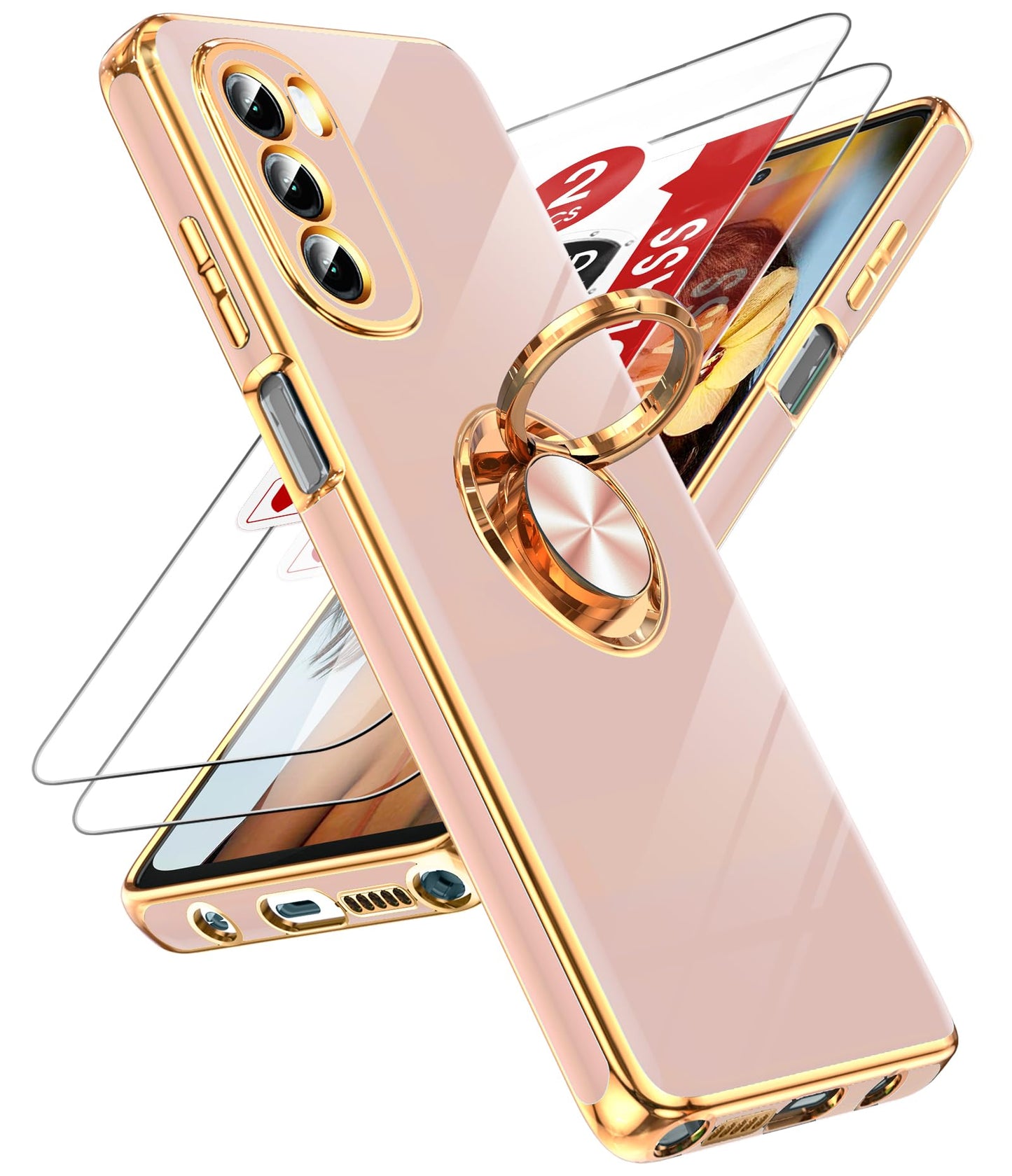 LeYi for Moto G Stylus 5G 2022 Case: with Tempered Glass Screen Protector [2 Pack] 360° Rotatable Ring Holder Magnetic Kickstand, Plating Rose Gold Edge for Motorola G Stylus 5G 2022 Case, Black