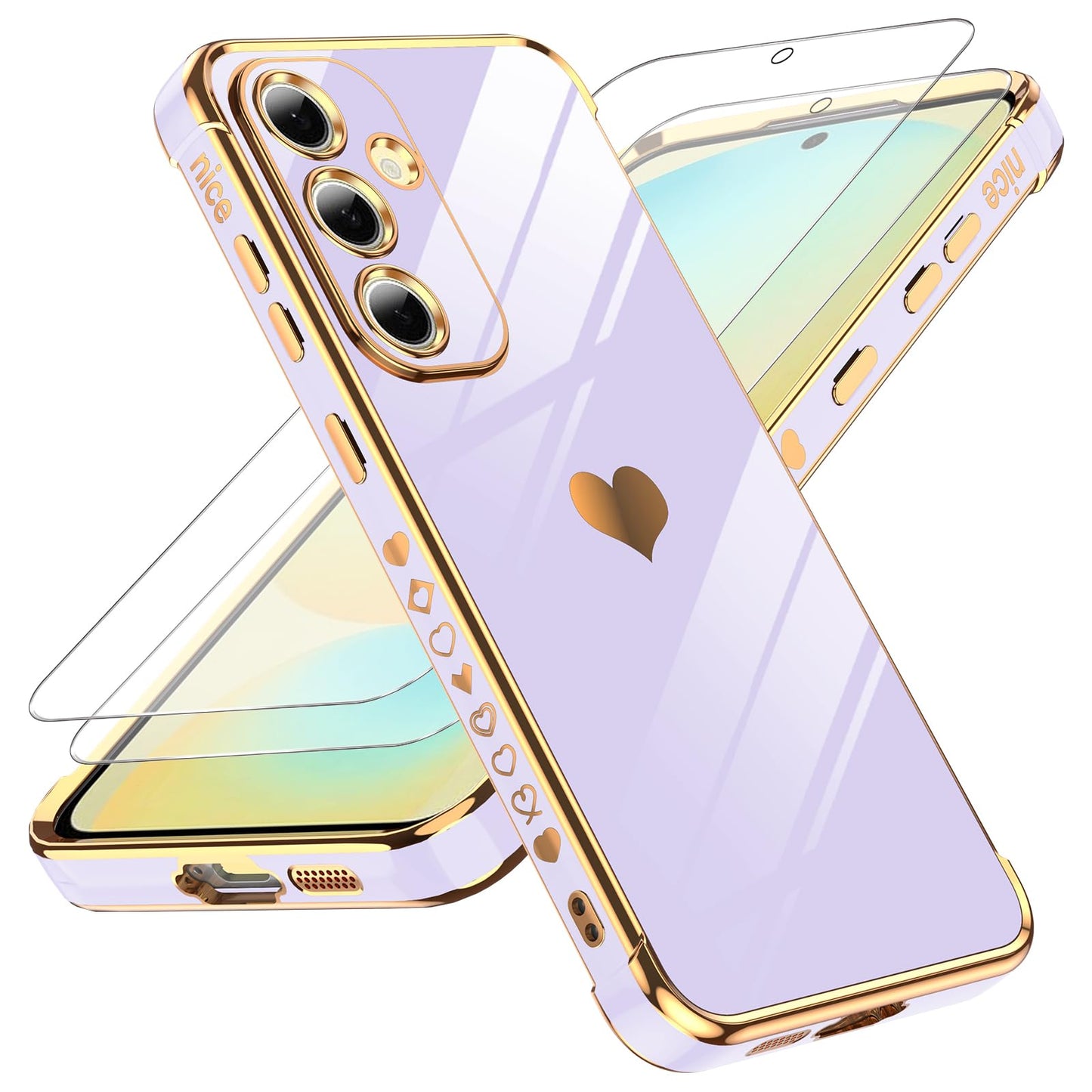 LeYi for Galaxy S23 FE Case: with Tempered Glass Screen Protector [2 Pcs]+ Full Camera Lens Protection, Love Heart Plating Women Cute Luxury Soft TPU Shockproof Case for Samsung S23FE 5G, Pink