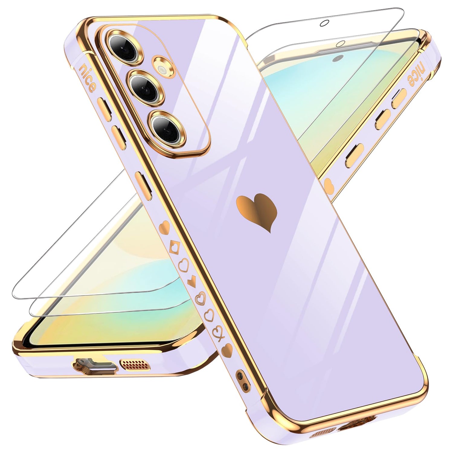LeYi for Galaxy S23 FE Case: with Tempered Glass Screen Protector [2 Pcs]+ Full Camera Lens Protection, Love Heart Plating Women Cute Luxury Soft TPU Shockproof Case for Samsung S23FE 5G, Pink