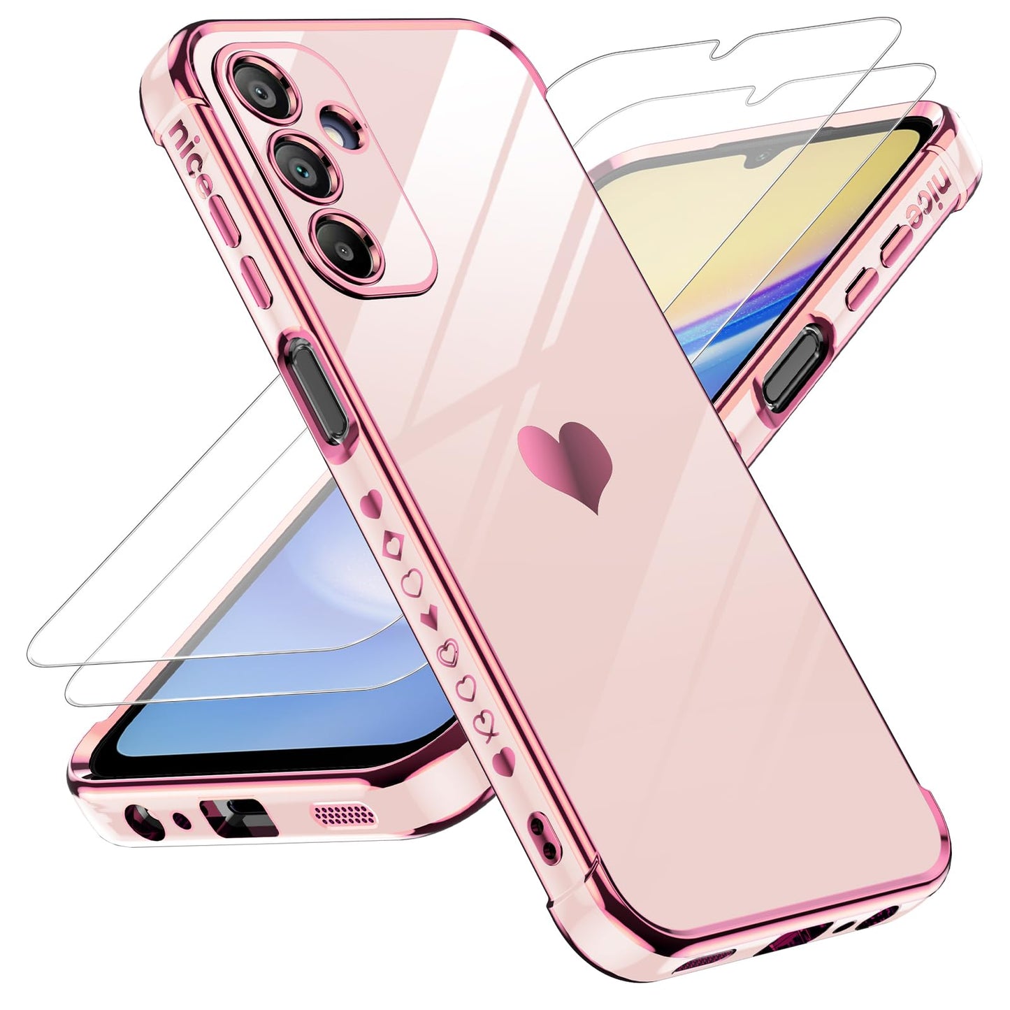 LeYi for Galaxy A16-5G Phone Case: Tempered Glass Screen Protector [2 Pcs]+ Full Camera Lens Protection,Love Heart Plating Luxury Shockproof Phone Case para Samsung A 16 5G Cute,Pink