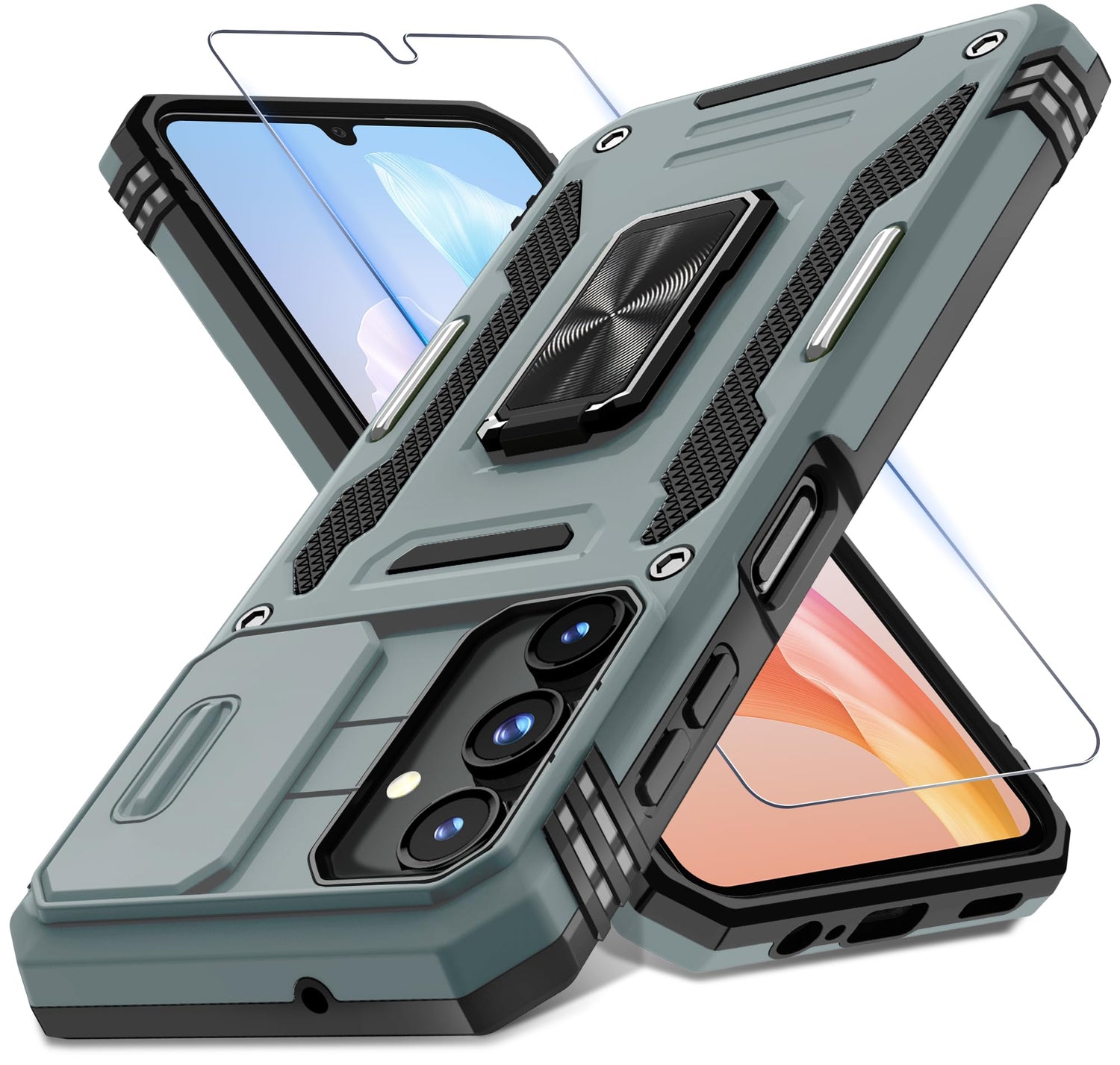 DEERLAMN Case for Samsung Galaxy A17 5G with Slide Camera Cover+Screen Protector (1 Pack), Rotated Ring Kickstand Military Grade Shockproof Protective Cover-Navy Blue