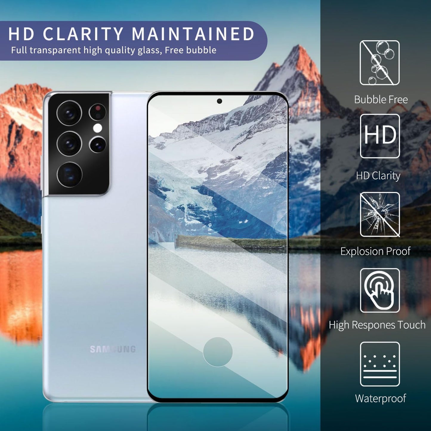 for Samsung Galaxy S21 Ultra Glass Screen Protector + Camera Lens Protector, 9HD Tempered Glass, Case Friendly, Anti Scratch Bubble Free Ultra Resistant