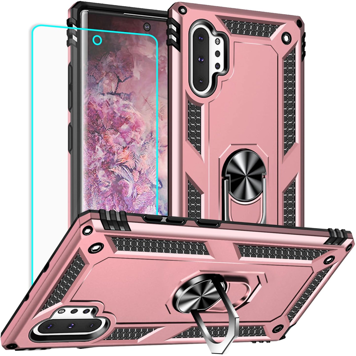for Samsung Galaxy Note 10 Plus Case with Screen Protector:[Military Grade Drop Tested] Ring Holder Kickstand Shockproof Anti-Slip Protective Phone Case for Note 10 Plus 6.8- Red
