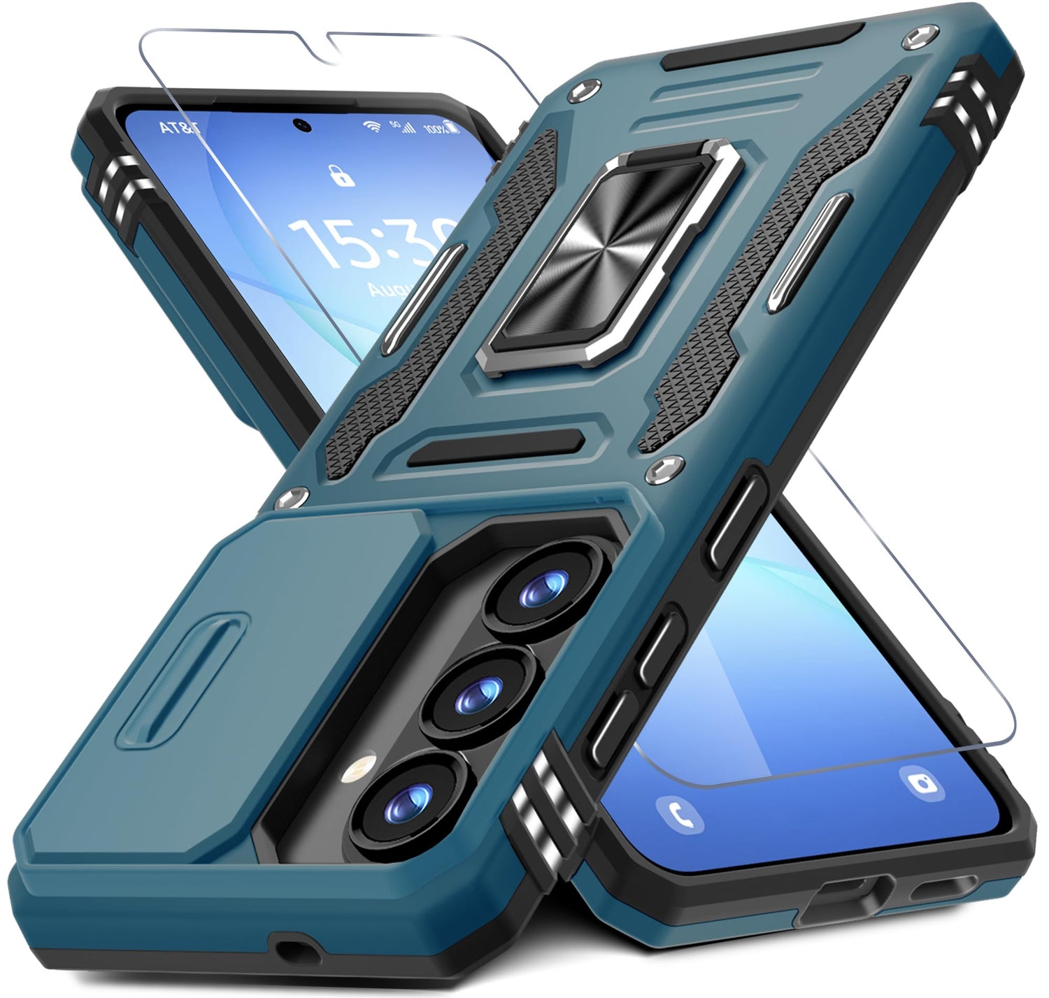 DEERLAMN Case for Samsung Galaxy A17 5G with Slide Camera Cover+Screen Protector (1 Pack), Rotated Ring Kickstand Military Grade Shockproof Protective Cover-Navy Blue