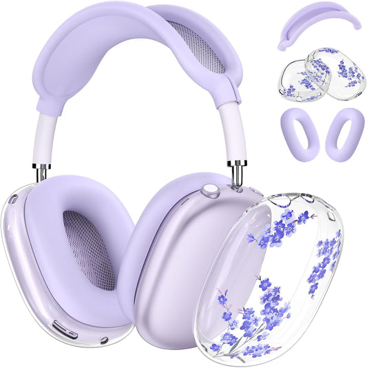 Silicone Cases for AirPods Max Headphones,Clear Flower Soft TPU Ear Cups Cover,Ear Pad Case Cover,Headband Cover for AirPod Max,Transparent Case for Apple AirPods Max USB-C(2024) for Women,Purple