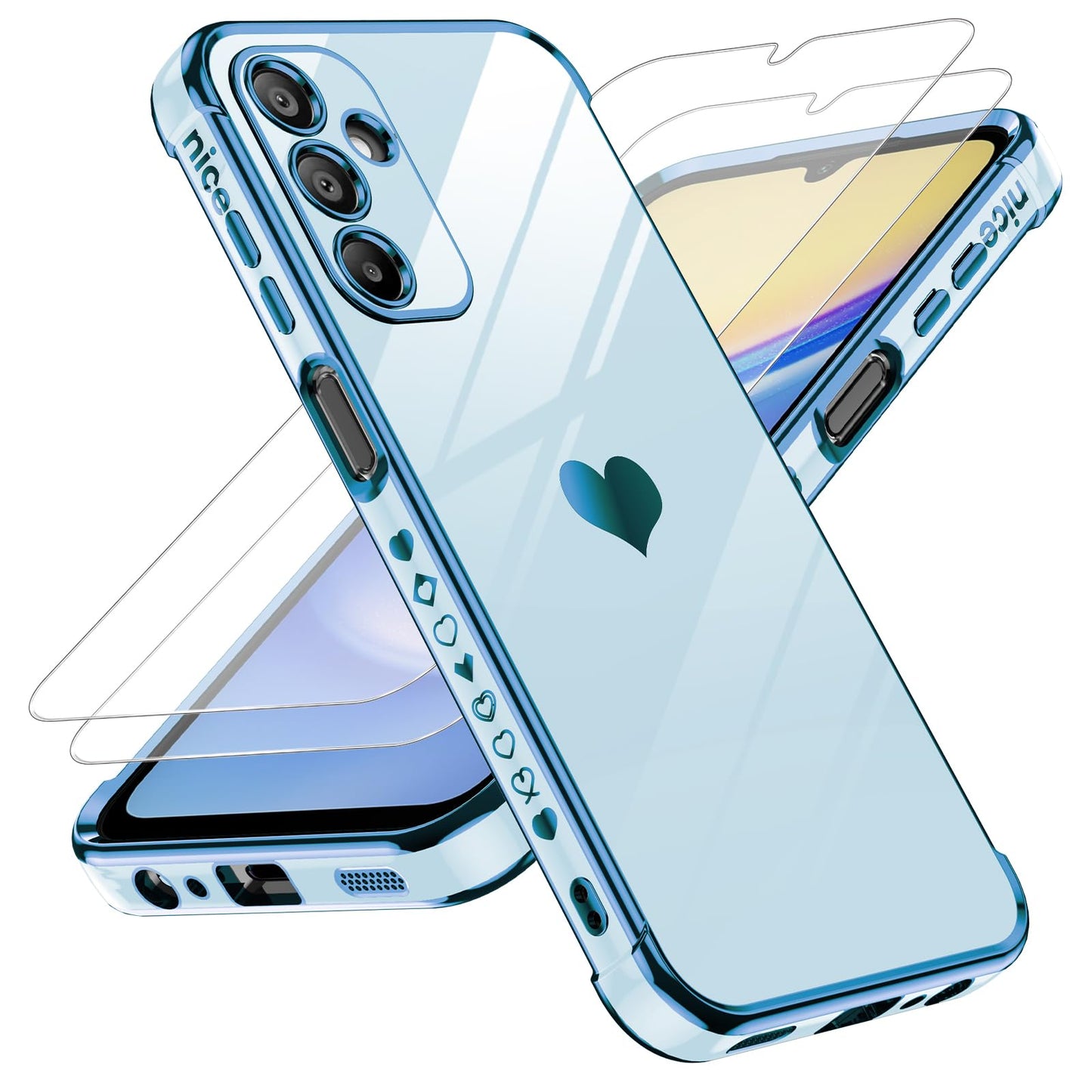 LeYi for Galaxy A16-5G Phone Case: Tempered Glass Screen Protector [2 Pcs]+ Full Camera Lens Protection,Love Heart Plating Luxury Shockproof Phone Case para Samsung A 16 5G Cute,Pink