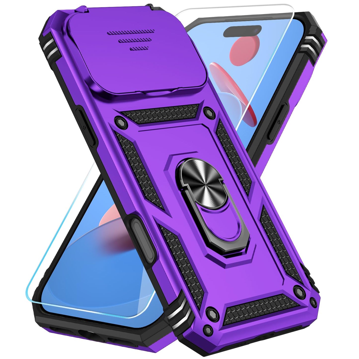 SunStory Compatible with iPhone 17 Case with HD Screen Protector & Slide Camera Cover & Rotated Ring Kickstand, [Military-Grade] iPhone Case for iPhone 17,Red