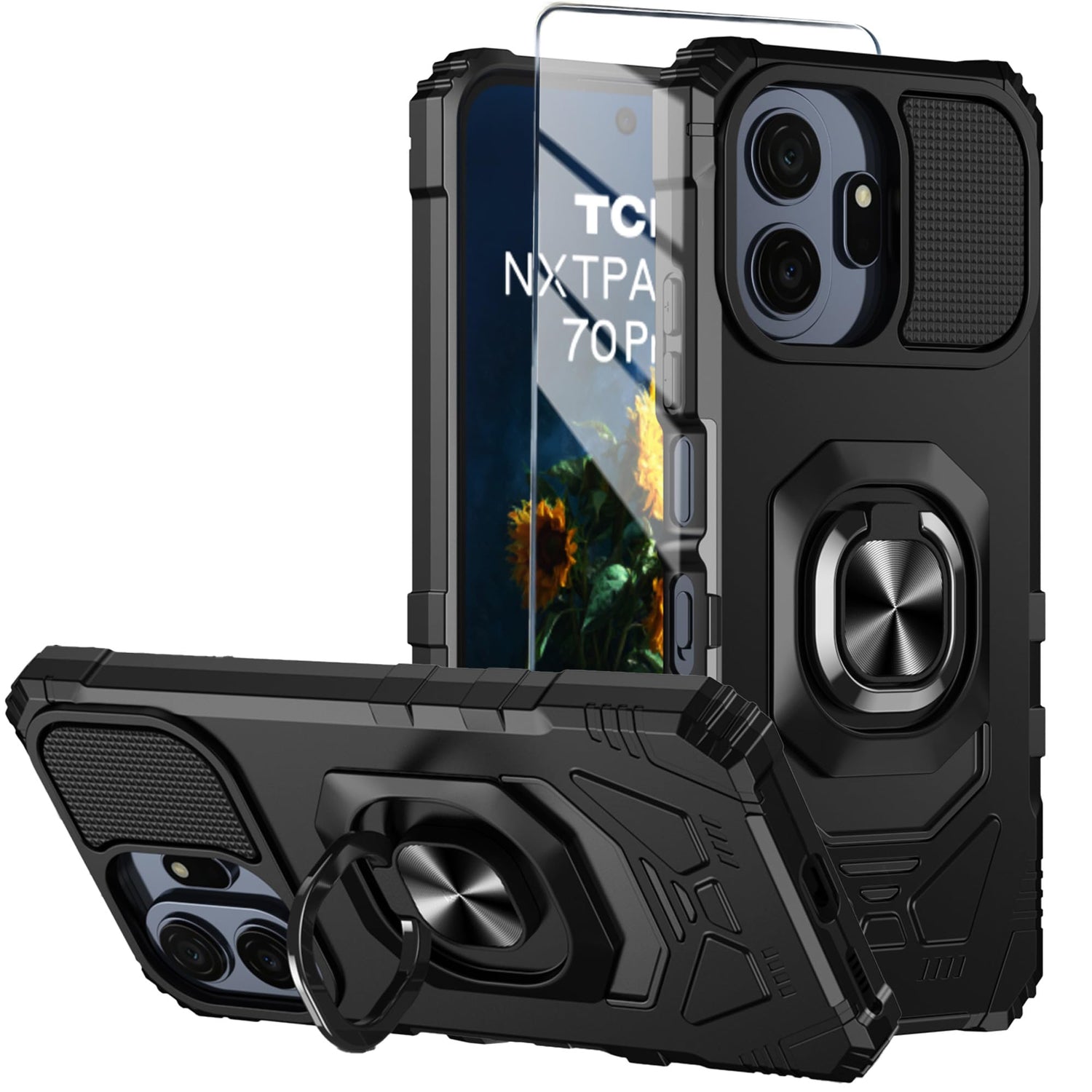 for TCL NXTPAPER 70 Pro Phone Case with Tempered Glass Screen Protector,Military Grade Heavy Duty Shockproof Protective Cover,with Ring Kickstand (Blue)