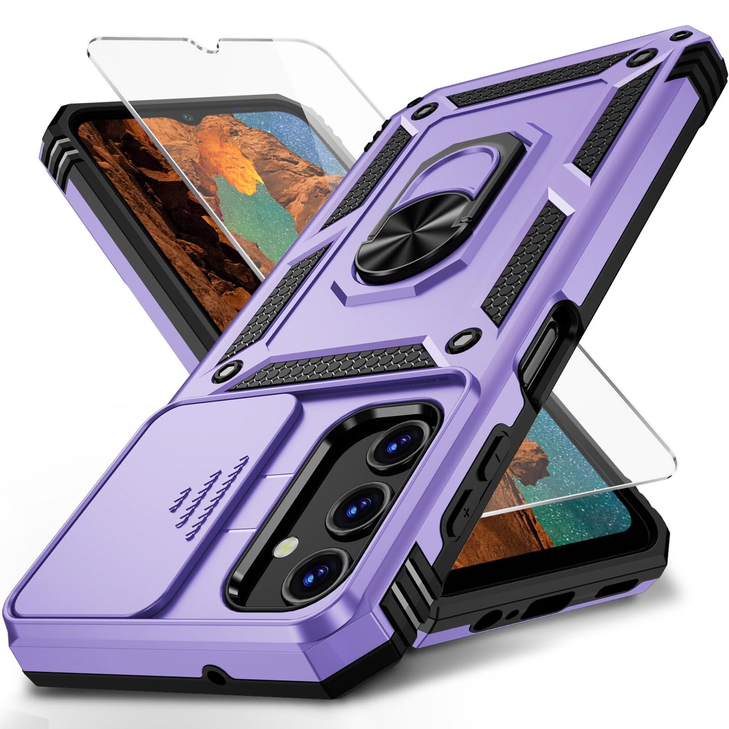 for Samsung Galaxy A25 5G Case with Camera Lens Cover, HD Screen Protector, 10 FT Military Grade Drop Protection, Magnetic Ring Holder Kickstand Protective Phone Case for Galaxy A25 5G,Black