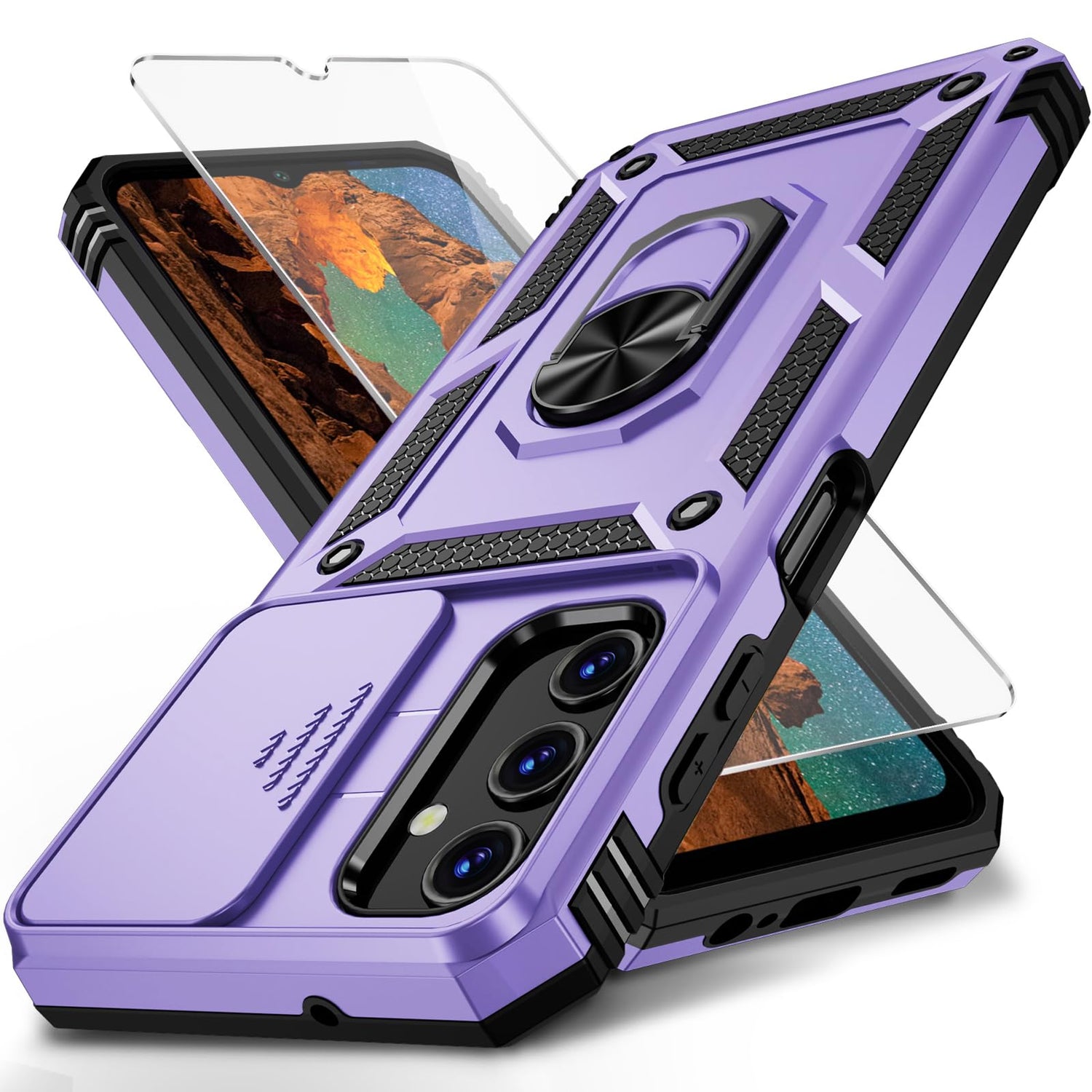 for Samsung Galaxy A25 5G Case with Camera Lens Cover, HD Screen Protector, 10 FT Military Grade Drop Protection, Magnetic Ring Holder Kickstand Protective Phone Case for Galaxy A25 5G,Black