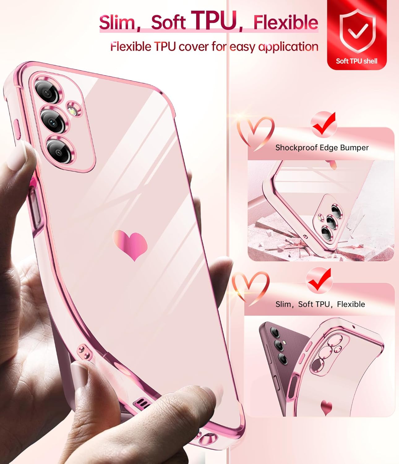 LeYi for Samsung Galaxy A14 5G Case: with Tempered Glass Screen Protector [2 Pcs]+ Full Camera Lens Protection, Love Heart Plating Girly Luxury Shockproof Case for A 14 5G, Pink