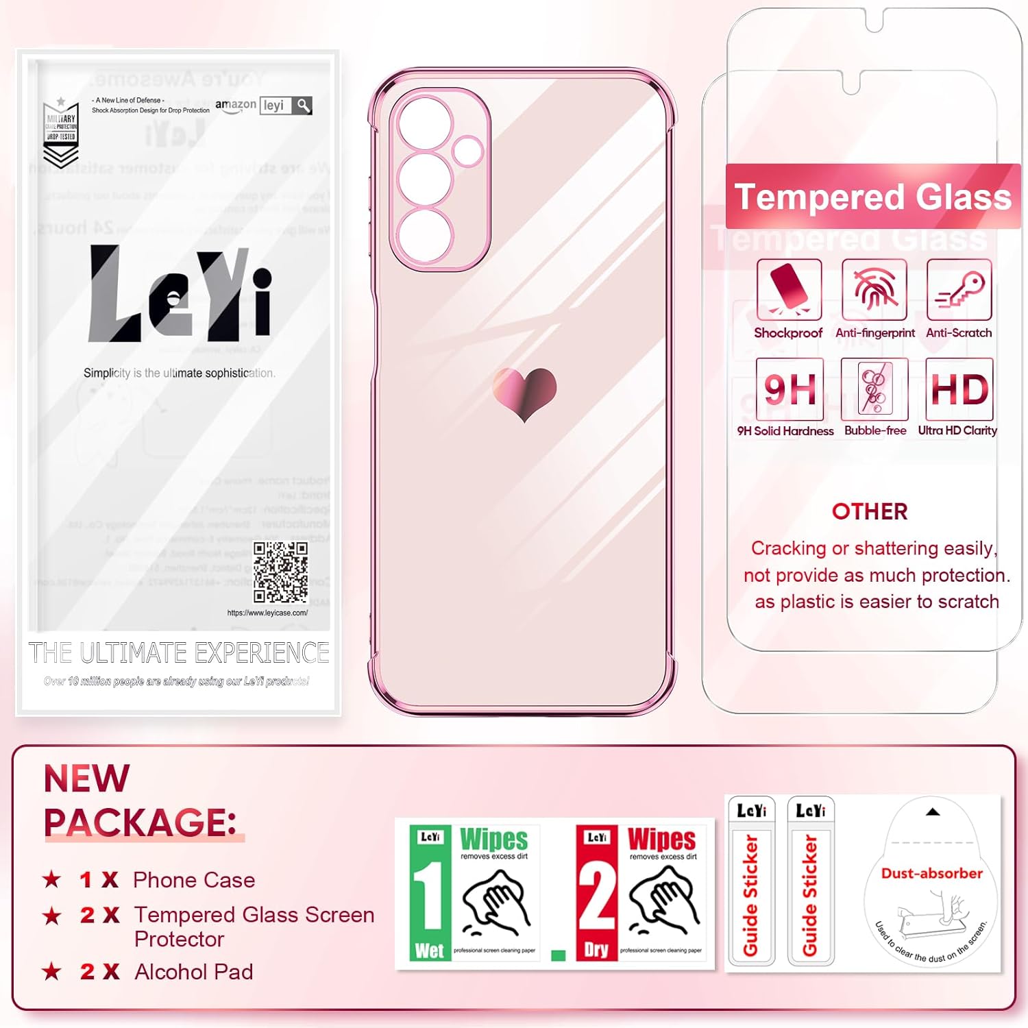 LeYi for Samsung Galaxy A14 5G Case: with Tempered Glass Screen Protector [2 Pcs]+ Full Camera Lens Protection, Love Heart Plating Girly Luxury Shockproof Case for A 14 5G, Pink