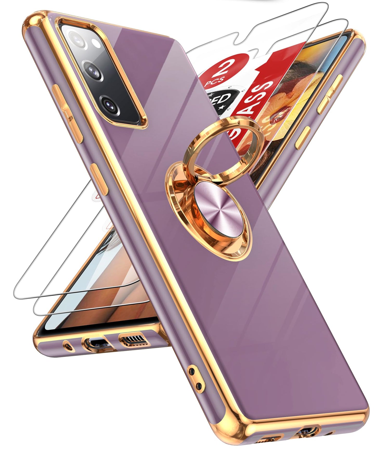 LeYi for Samsung Galaxy S20-FE-5G Case: S20FE/S 20FE Phone Case with Tempered Glass Screen Protector [2 Pack], Ring Holder Magnetic Kickstand, Plating Rose Gold Protective Case for Women Girls, Black