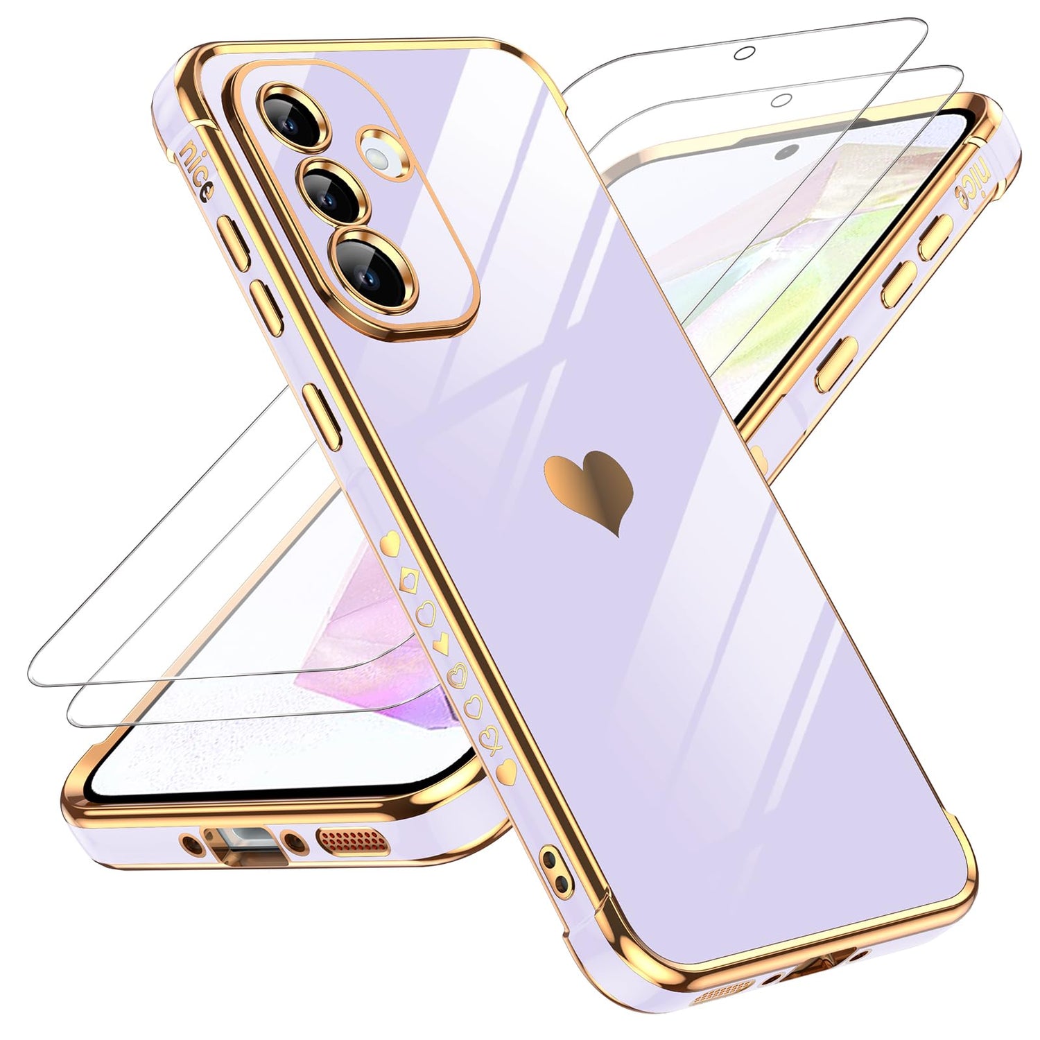 LeYi for Galaxy A16-5G Phone Case: Tempered Glass Screen Protector [2 Pcs]+ Full Camera Lens Protection,Love Heart Plating Luxury Shockproof Phone Case para Samsung A 16 5G Cute,Pink