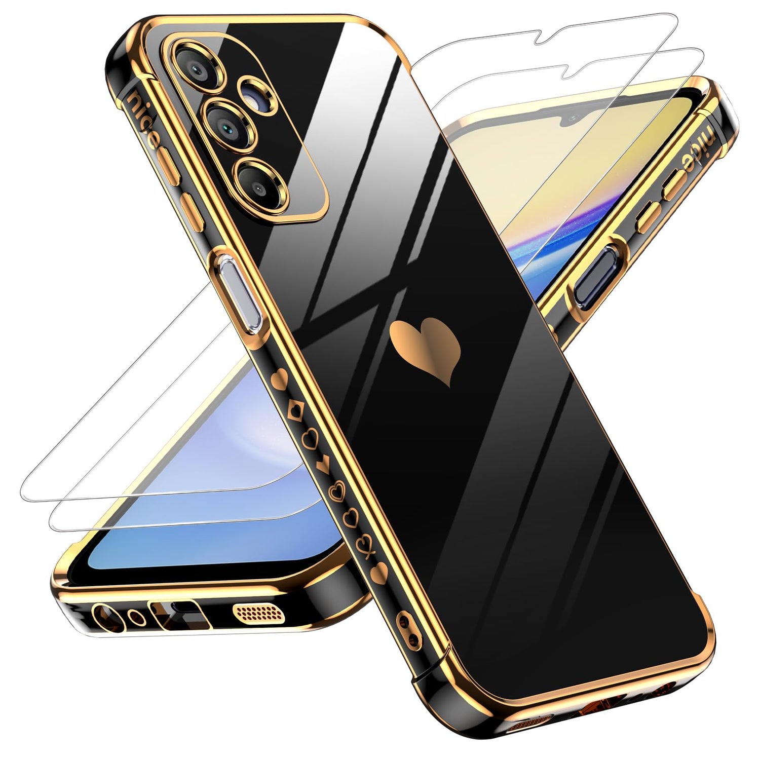 LeYi for Galaxy A16-5G Phone Case: Tempered Glass Screen Protector [2 Pcs]+ Full Camera Lens Protection,Love Heart Plating Luxury Shockproof Phone Case para Samsung A 16 5G Cute,Pink