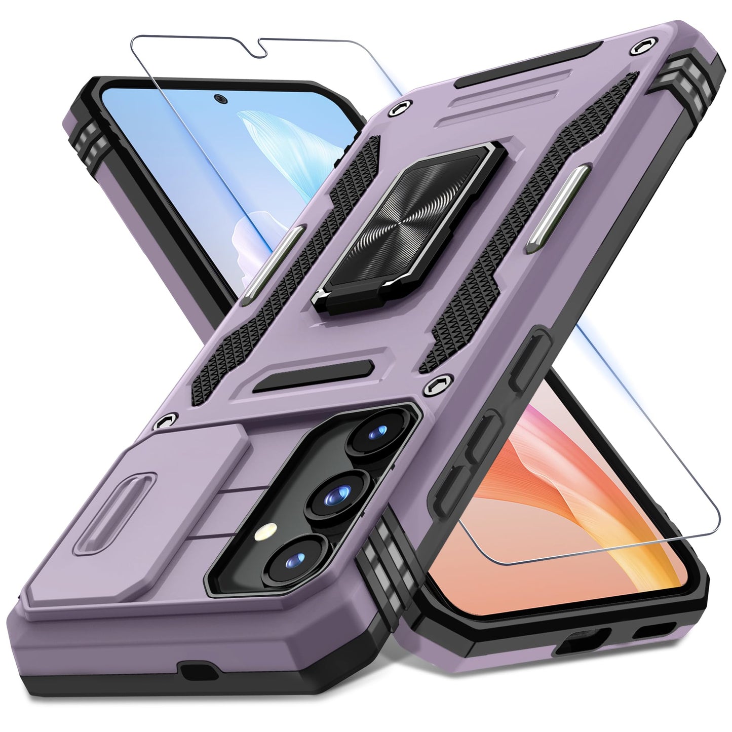 DEERLAMN Case for Samsung Galaxy S24 6.2-Inch with Slide Camera Cover+Screen Protector(1 Pack), Rotated Ring Kickstand Military Grade Shockproof Protective Cover-Black