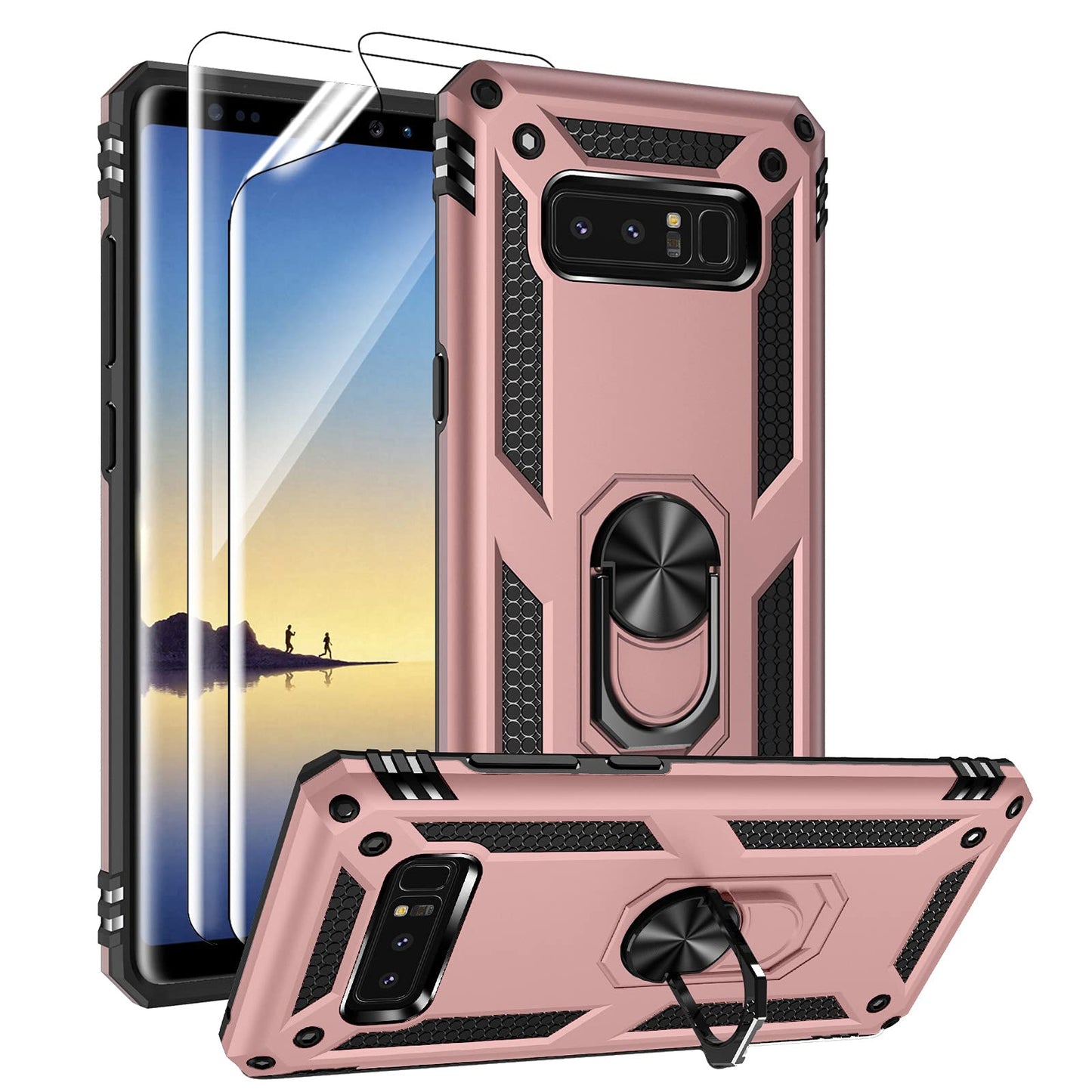 Androgate for Samsung Galaxy Note 8 Case with 3D PET Screen Protectors, Military-Grade Metal Ring Holder Kickstand 15ft Drop Tested Shockproof Cover Case for Samsung Galaxy Note 8 Black