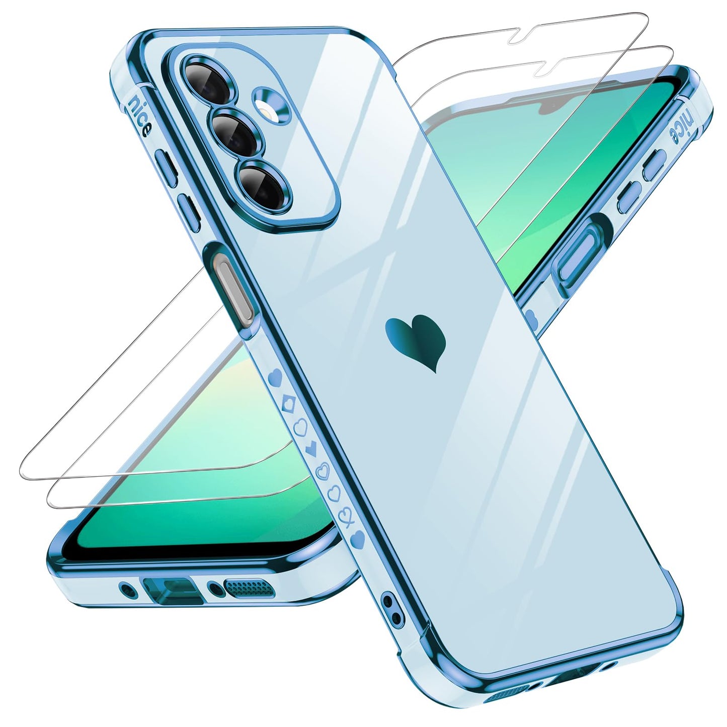 LeYi for Galaxy A16-5G Phone Case: Tempered Glass Screen Protector [2 Pcs]+ Full Camera Lens Protection,Love Heart Plating Luxury Shockproof Phone Case para Samsung A 16 5G Cute,Pink