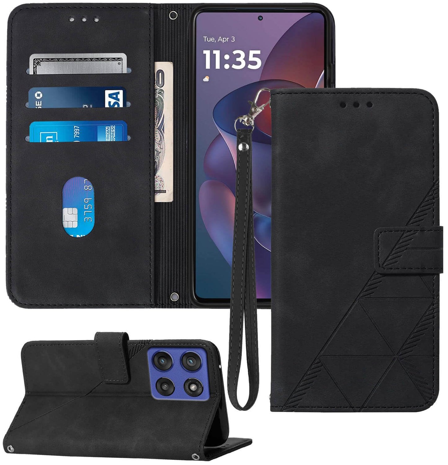 for Moto G Power 2025 Case Wallet, Card Holder Slots, Wrist Strap, TPU Interior Phone Protective, Stand PU Leather Folio Flip Cases Cover for Moto G Power - 2025 (Black)
