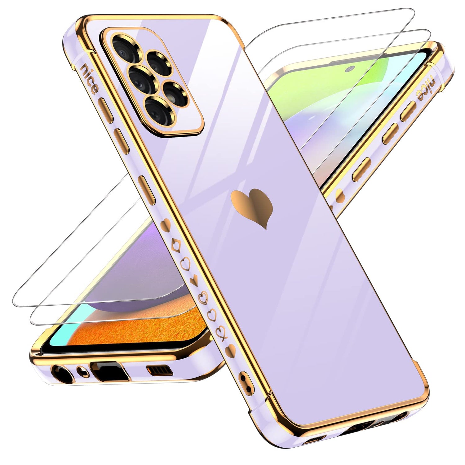 LeYi for Samsung Galaxy A25-5G Phone Case: with Tempered Glass Screen Protector [2 Pcs]+ Full Camera Lens Protection, Love Heart Plating Women Luxury Soft TPU Shockproof Case for Samsung A25 5G, Pink