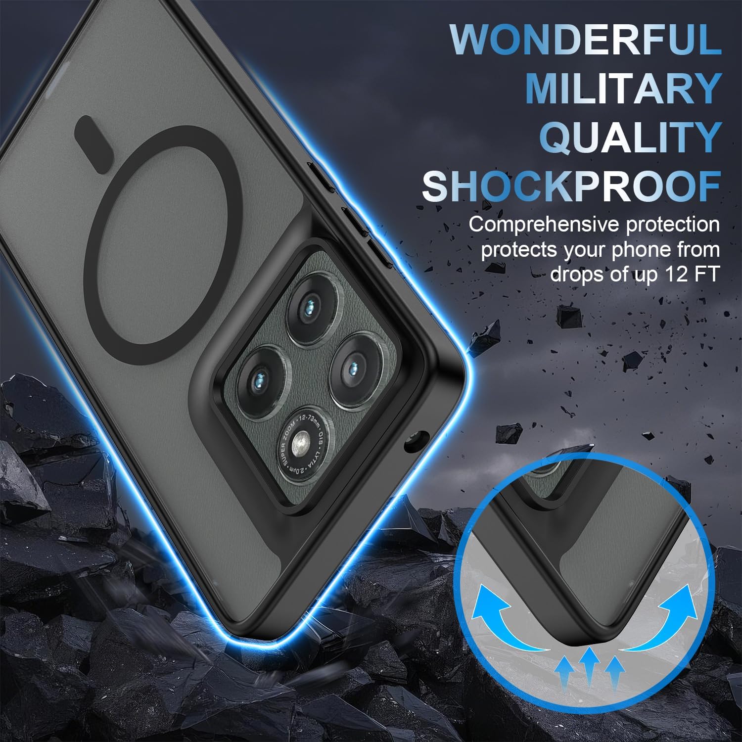 Magnetic for Motorola Edge 5G 2025 Case with Tempered Glass Screen Protector Matte Translucent Shockproof Protective Bumper Phone Cover (Black)