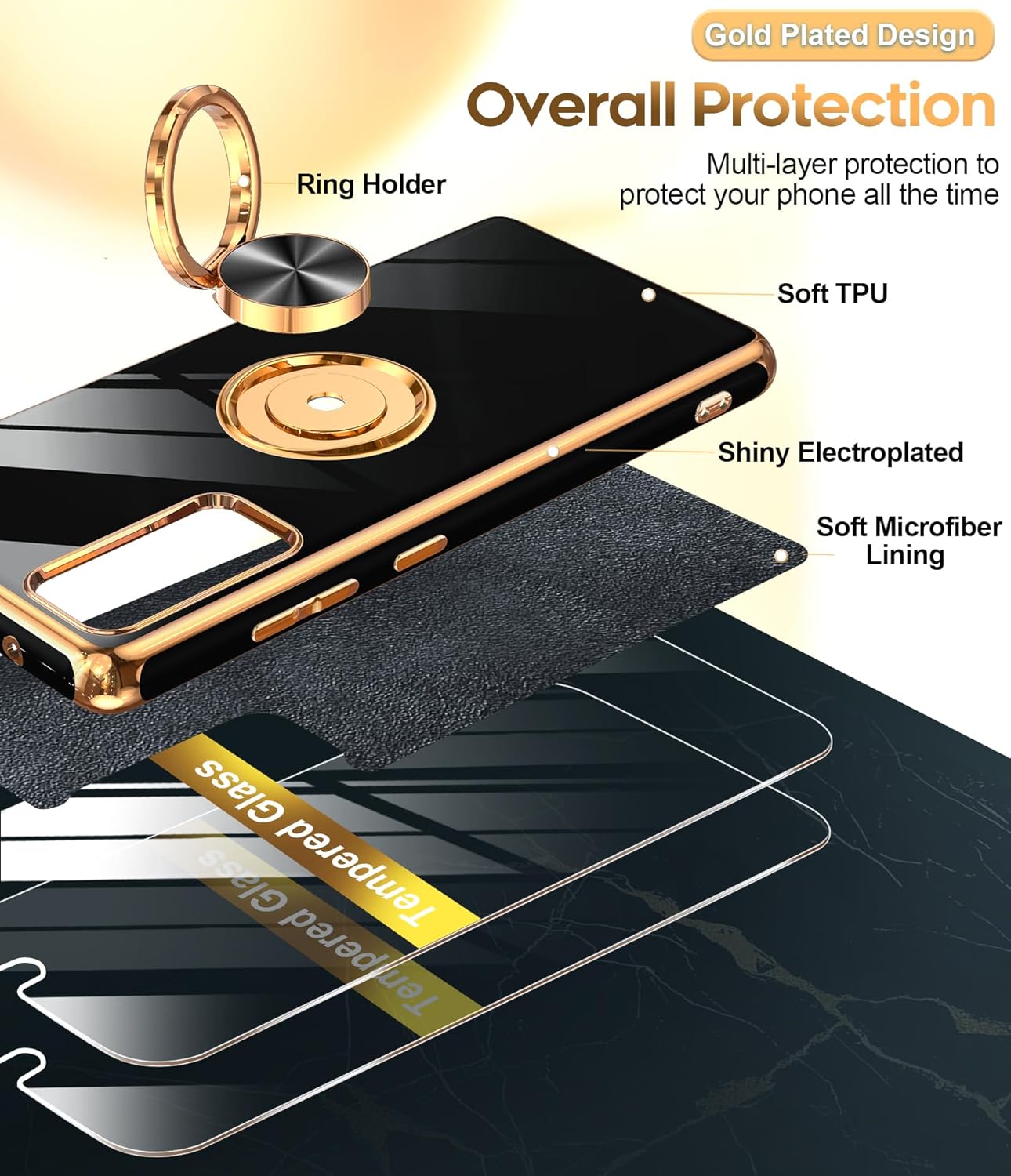 LeYi for Samsung Galaxy S20-FE-5G Case: S20FE/S 20FE Phone Case with Tempered Glass Screen Protector [2 Pack], Ring Holder Magnetic Kickstand, Plating Rose Gold Protective Case for Women Girls, Black
